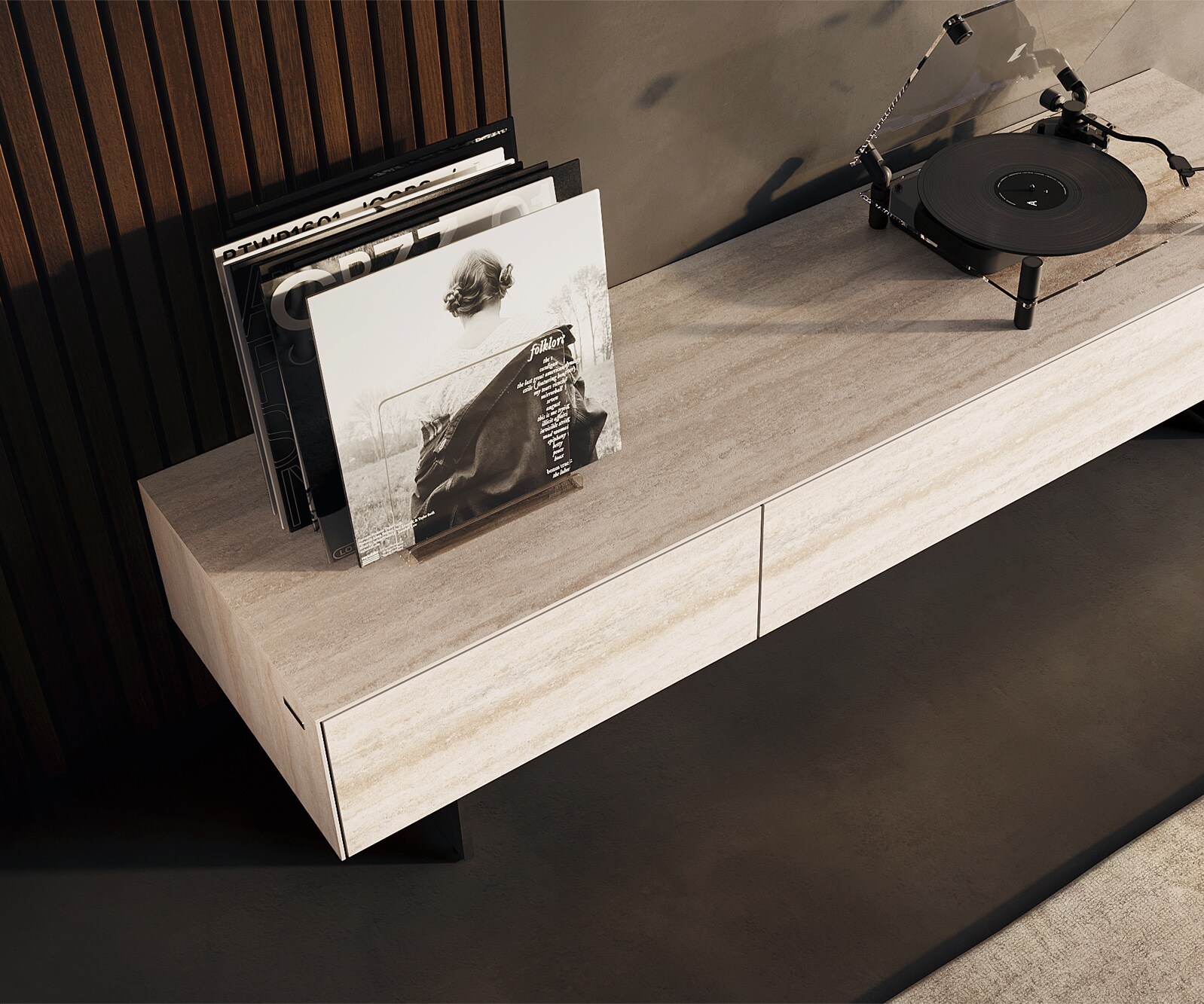 Lowboard Cuor 150 cm Keramik Laminam® Travertino Bianco Creme-Weiß 1 Klappe 1 Schubfach Fuß Schwebeoptik Metall Schwarz 3