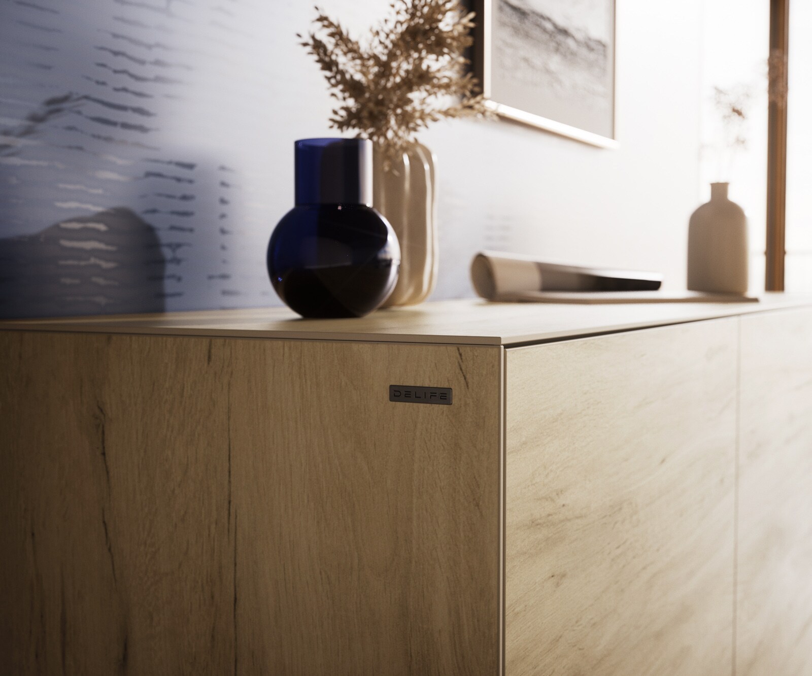 Sideboard Cuor 150 cm Keramik Laminam® Sabbia Eichefarbig 3 Türen Fuß Schwebeoptik Acrylglas 6
