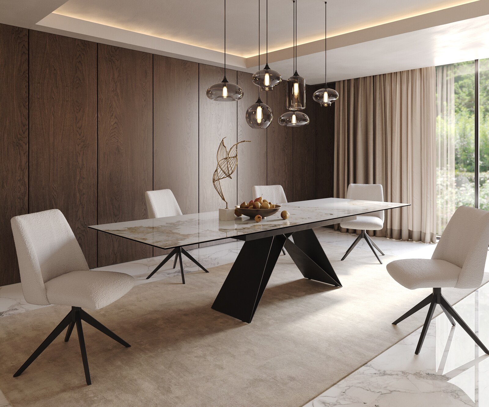 Esstisch Edge 200-300x100 Keramik Minas Melange Weiß-Beige V-Gestell Flachstahl Schwarz ausziehbar 8