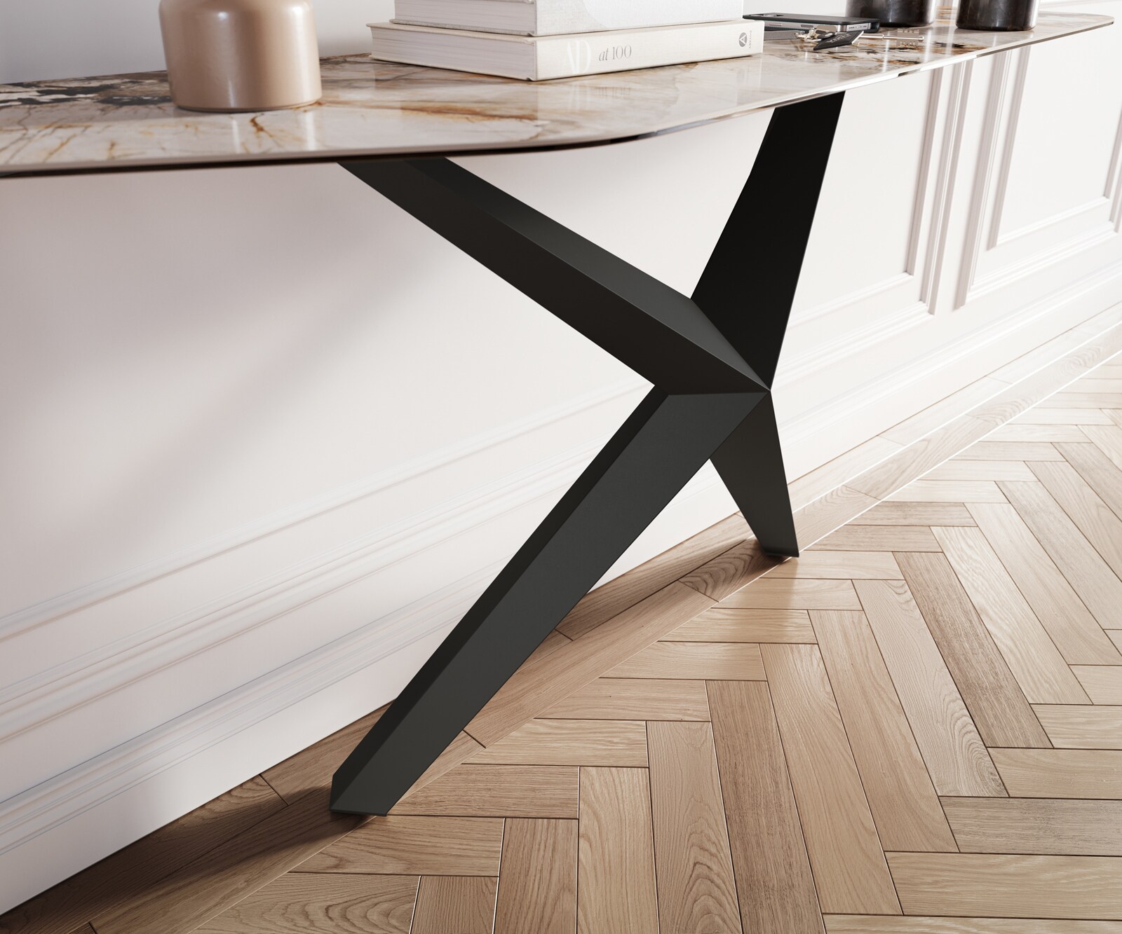 Konsolentisch Edge Polygonal 180x50 cm Keramik Patagonia Poliert Zentharo Metall Schwarz 5