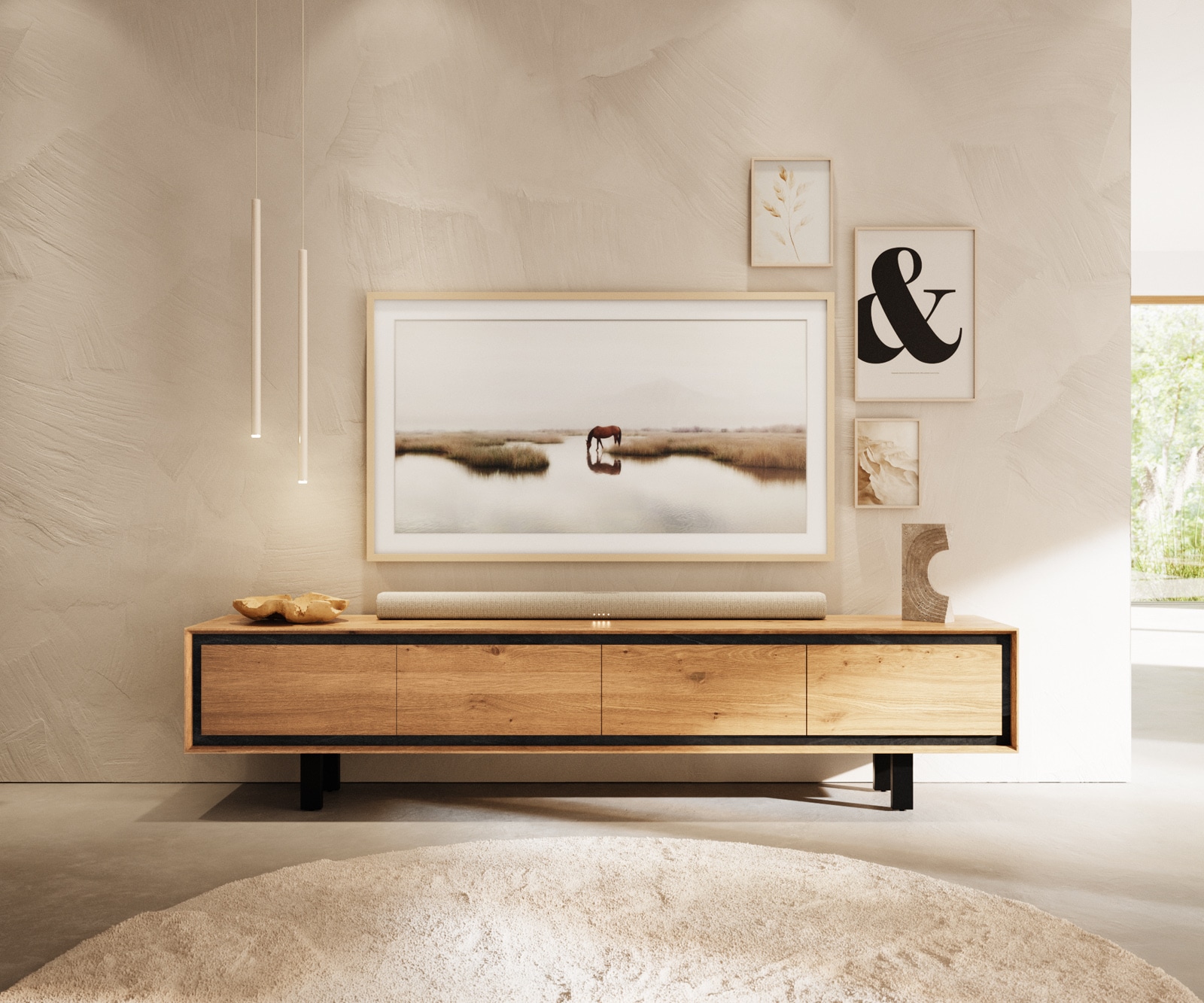 Lowboard Stonegrace 200 cm Eiche Natur 4 Türen Fuß Vierkant Metall Schwarz 1 Lowboard Stonegrace 200 cm Eiche Natur 4 Türen Fuß Vierkant Metall Schwarz 1