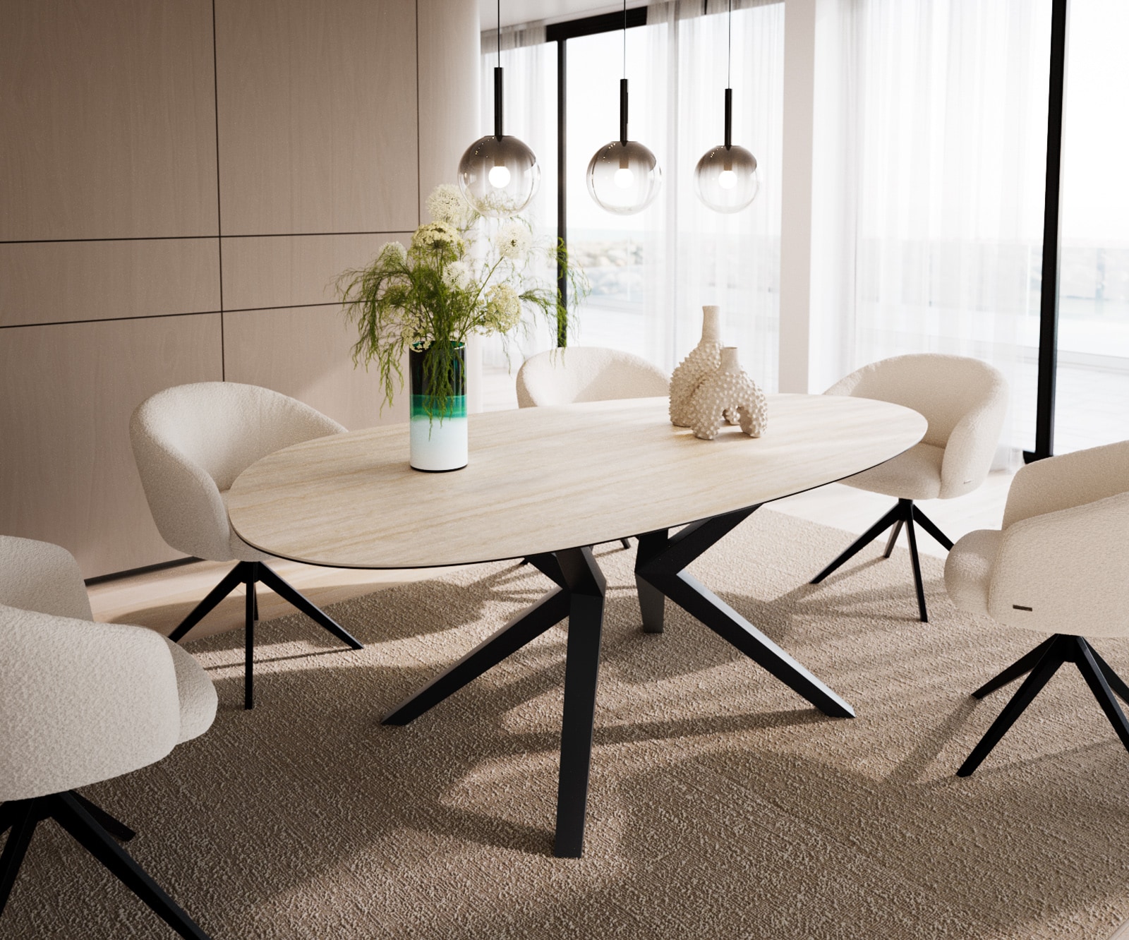 Esstisch Edge Oval 220x120 Keramik Laminam®Travertino Bianco Creme-Weiß​ Zenthara kantig Metall Schwarz 1
