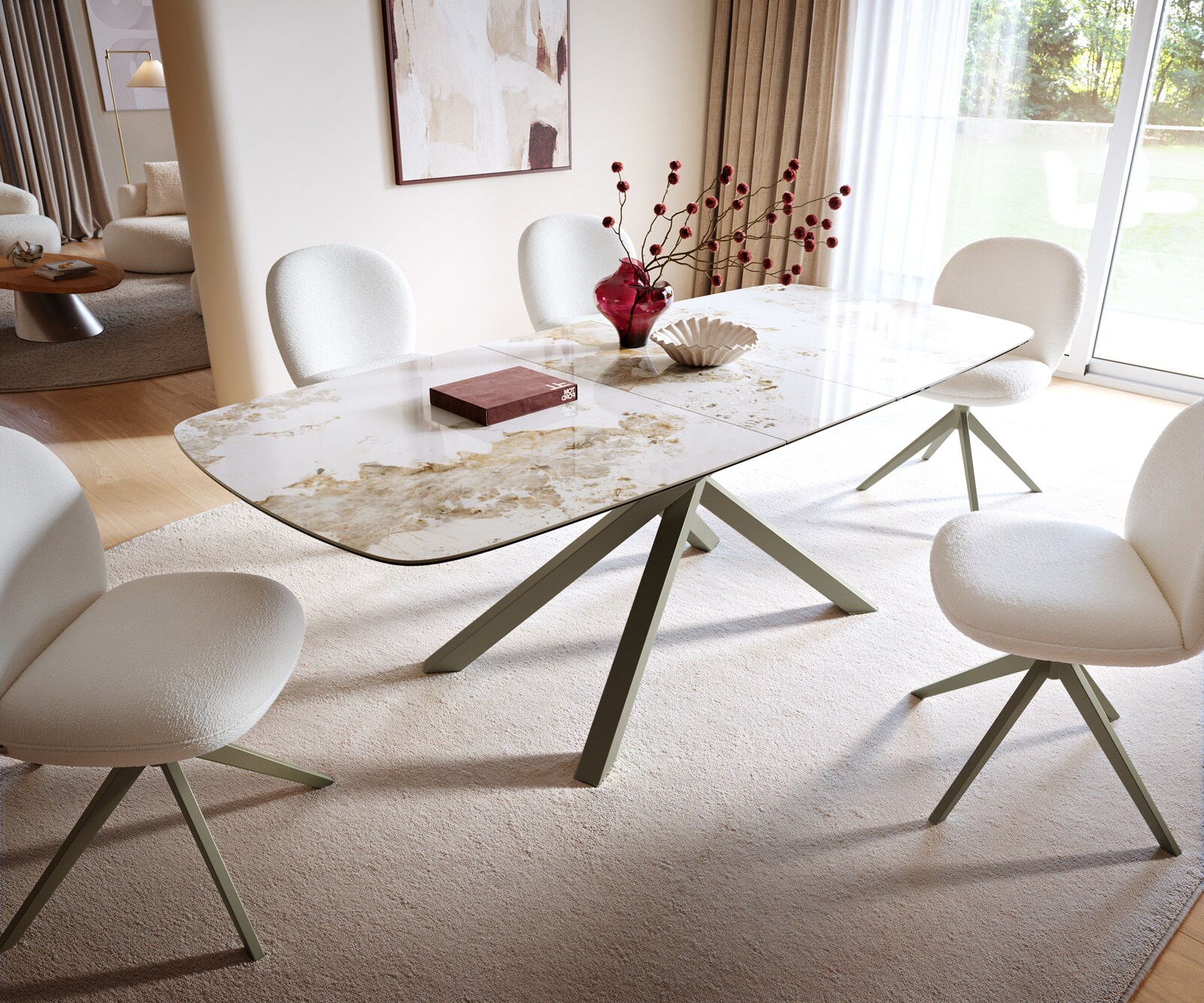 Esstisch Edge Boot 180-220x100 cm Keramik Minas Melange Weiß-Beige Kreuzgestell Rechteck Effektfinish Titan ausziehbar 5