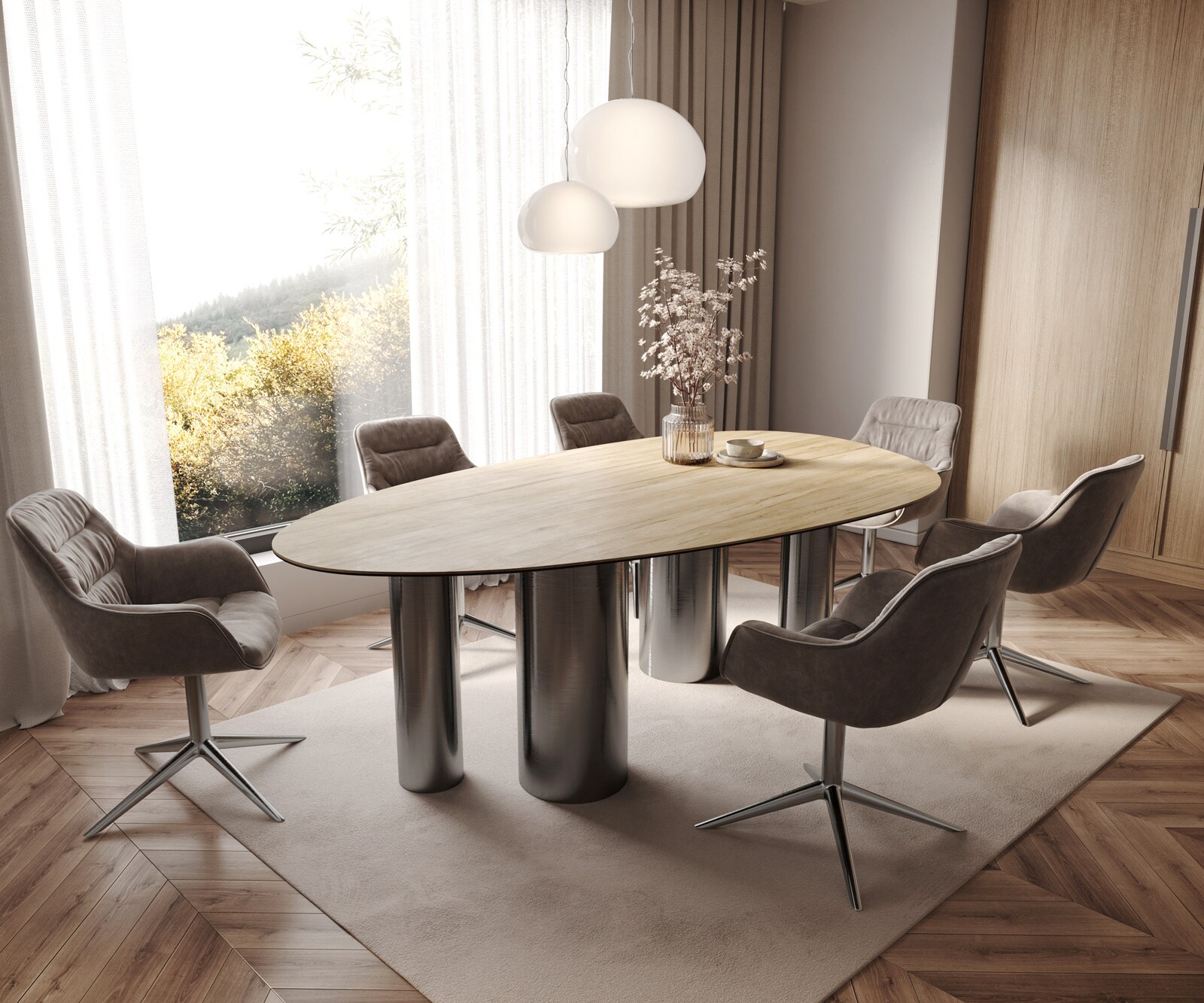 Esstisch Edge Oval 220x120 Keramik Laminam® Sabbia Eichefarbig Pilier Edelstahl Graphit 7