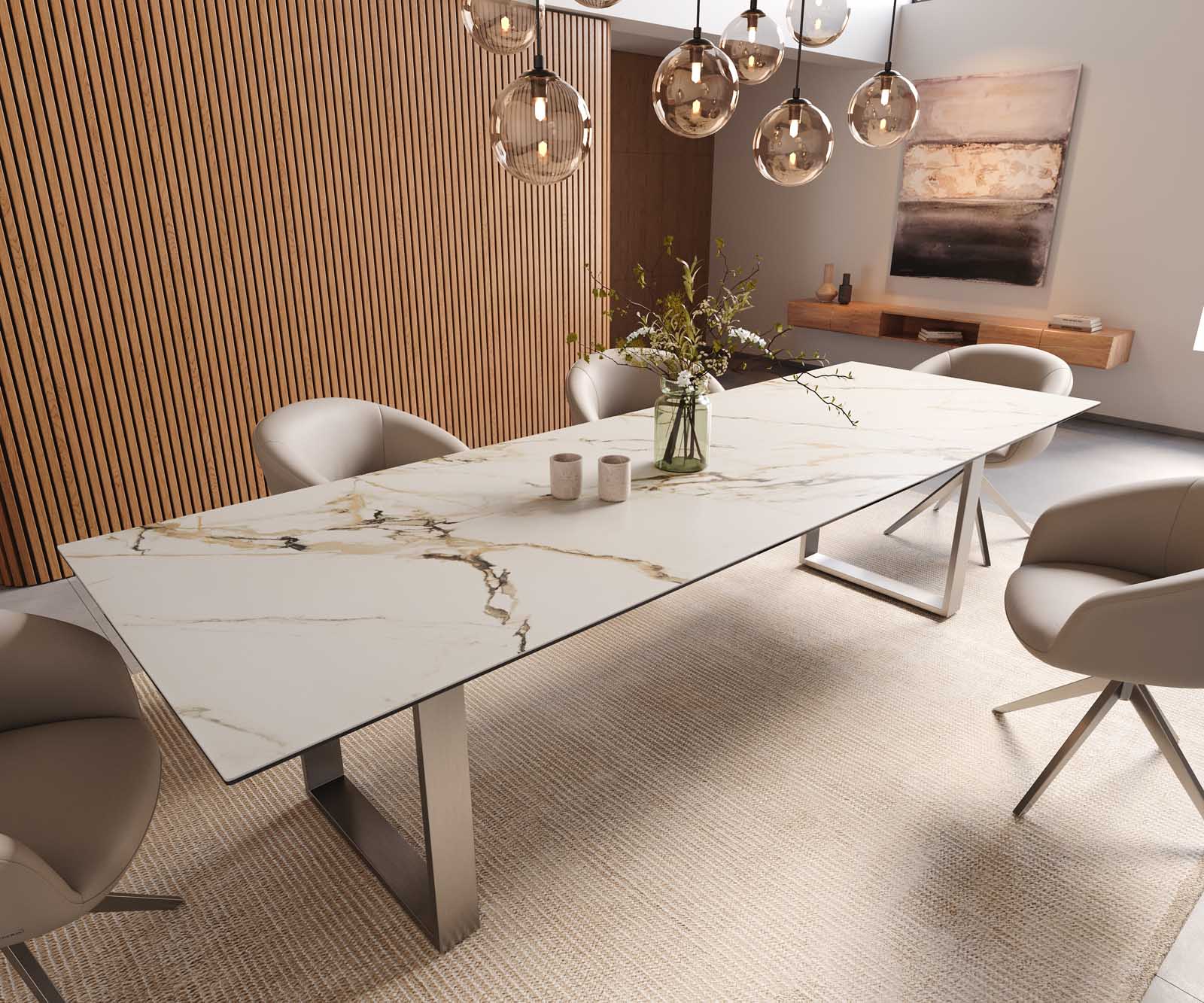 Delife Esstisch Edge 300x100 Keramik Calacatta Luxe Weiß-Gold-Grau Edelstahl Schmal