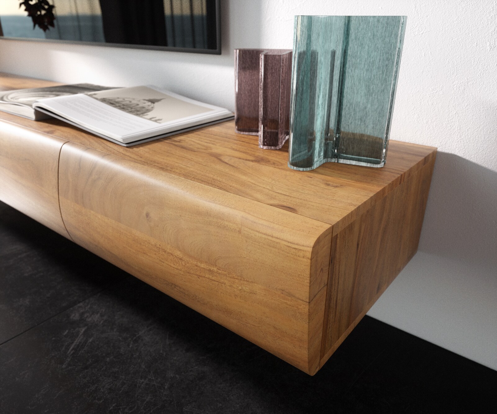 Lowboard New Live-Edge 240 cm Akazie Natur 4 Schubladen Glasfuß 4