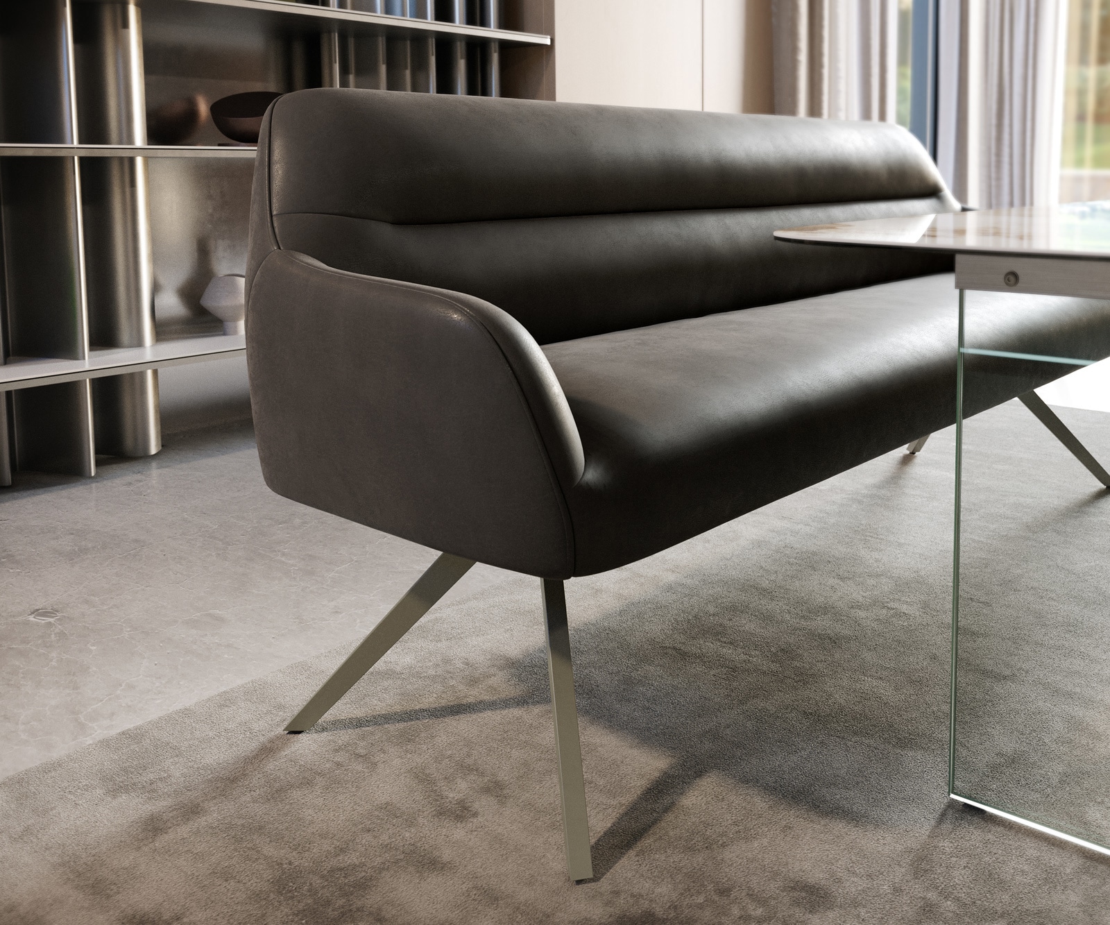 Esszimmerbank Taya-Flex 200 cm Mikrofaser Anthrazit Vintage Kreuzgestell kantig Effektfinish Titan Taschenfederkern 4