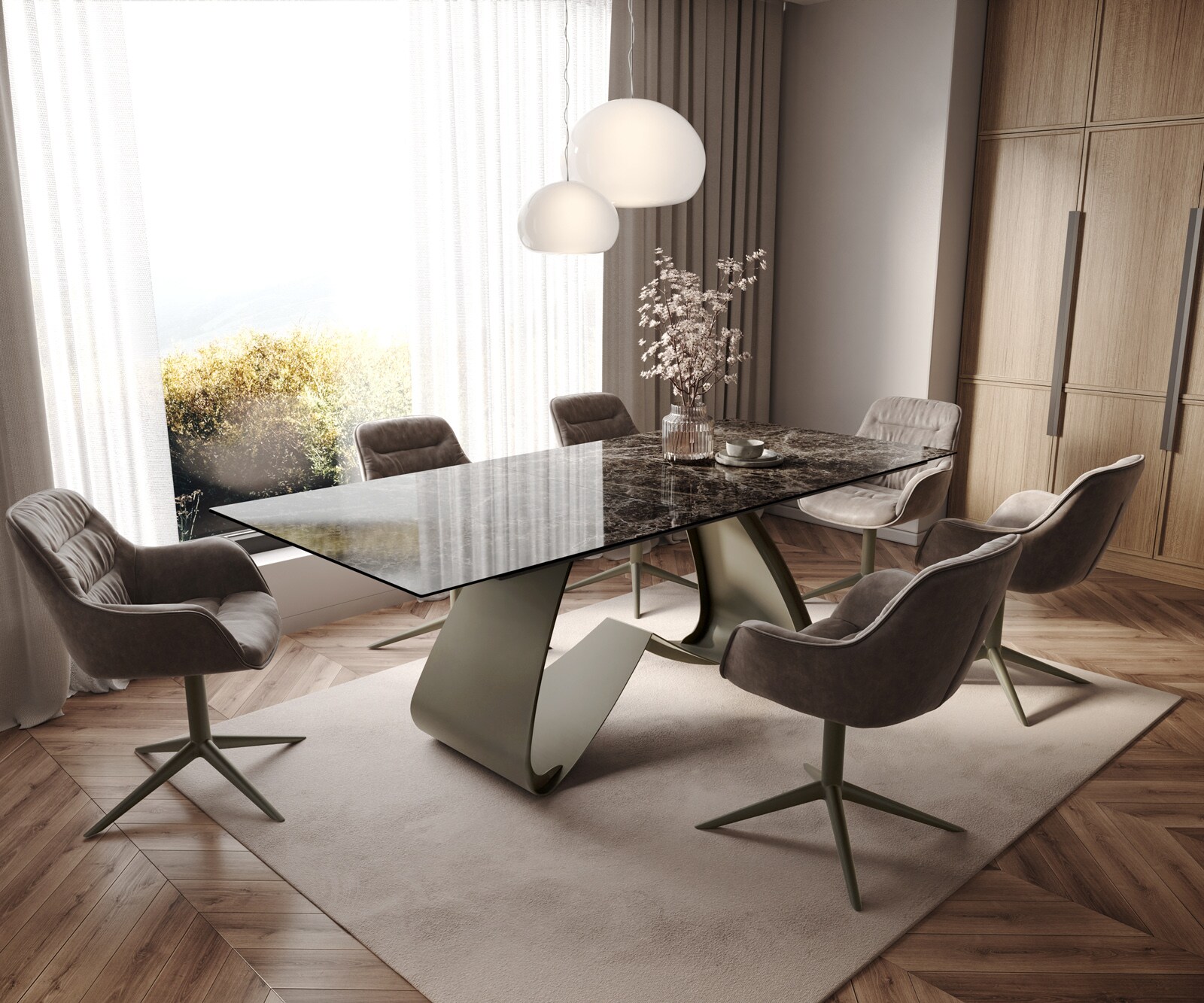 Esstisch Edge 180-220x100 Keramik Laminam® Emperador Extra Lucidato Dunkelbraun W-Gestell Effektfinish Titan ausziehbar 6