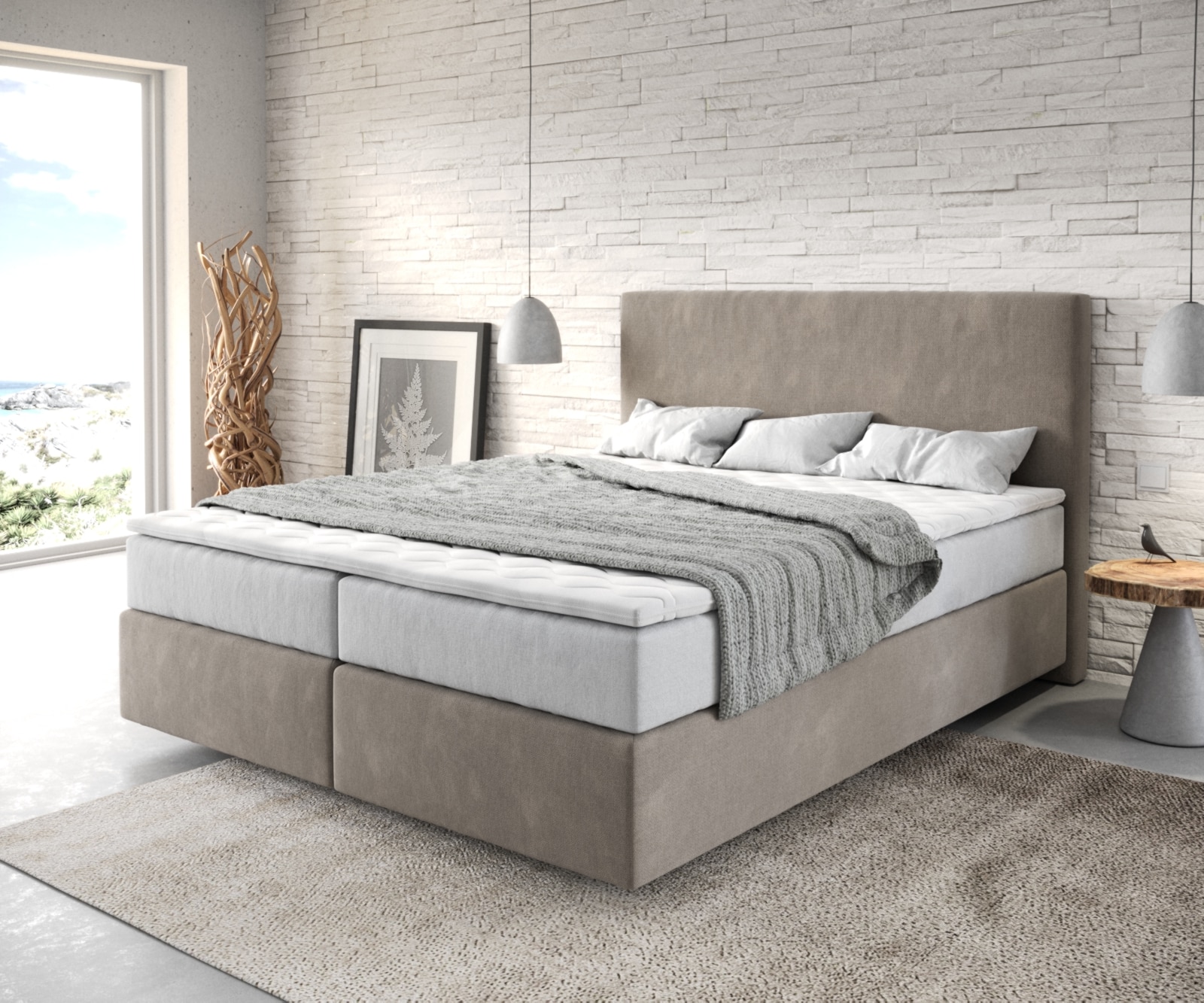 Boxspringbett Dream-Well 160x200 cm Mikrofaser Beige mit TFK Matratze und Visco Topper Boxspringbett Dream-Well 160x200 cm Mikrofaser Beige mit TFK Matratze und Visco Topper