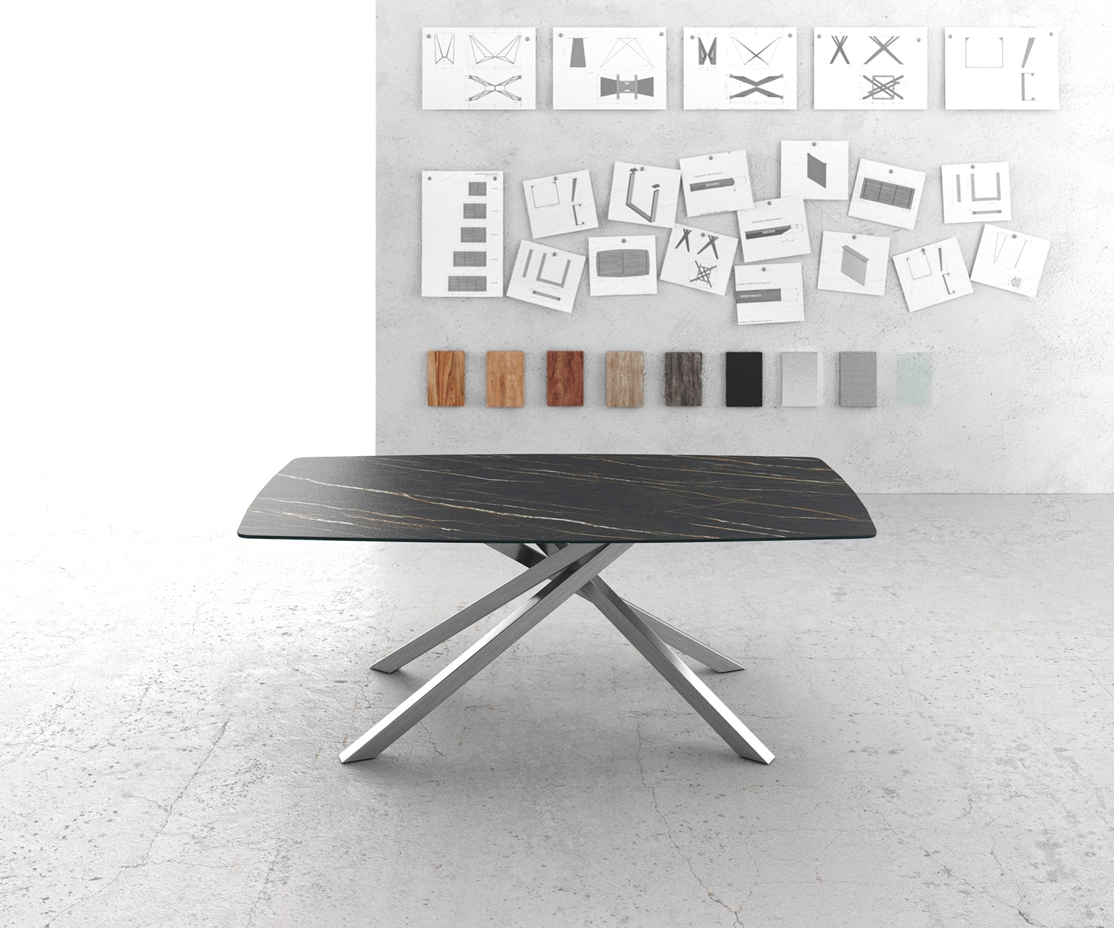 Esstisch Edge Bootsform 200x100cm Laminam® Keramik Noir Desir Braun Kreuzgestell Rechteck Edelstahl 2