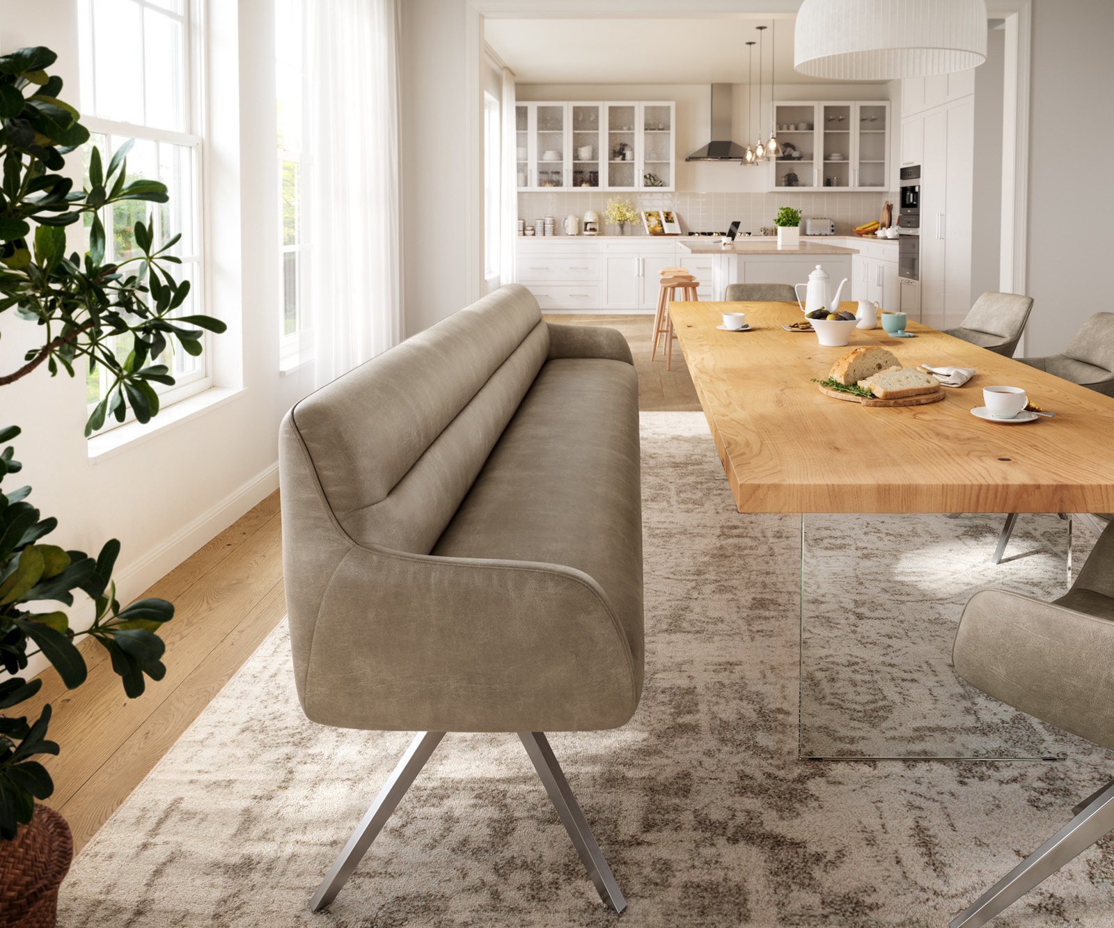 Esszimmerbank Taya-Flex 300 cm Mikrofaser Beige Vintage Kreuzgestell kantig Edelstahl Taschenfederkern 1