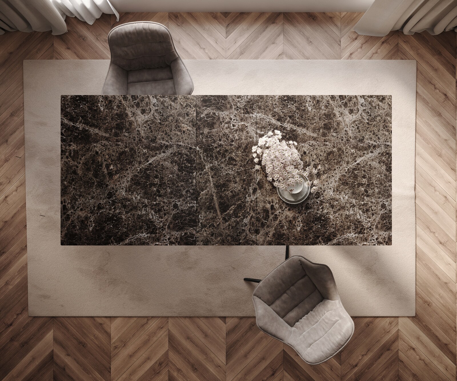 Esstisch Edge 180-220x100 Keramik Laminam® Emperador Extra Lucidato Dunkelbraun W-Gestell Effektfinish Titan ausziehbar 5