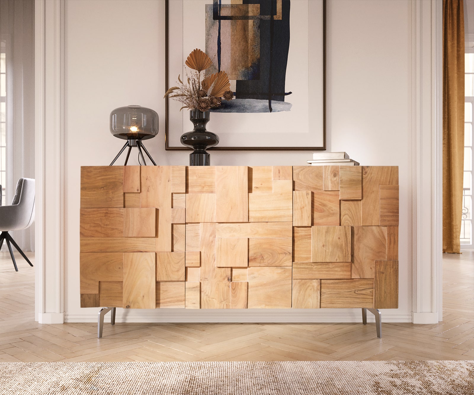 Sideboard Puzzle 145 cm Akazie Natur Winkelfuß Edelstahl 1 Sideboard Puzzle 145 cm Akazie Natur Winkelfuß Edelstahl 1