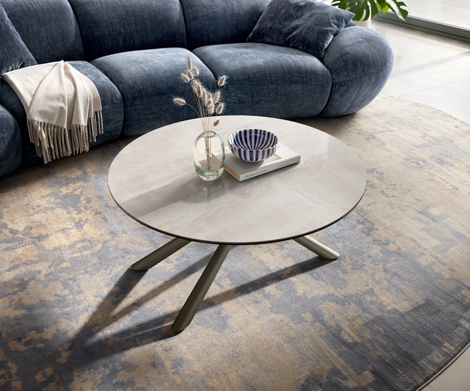Couchtisch Edge Rund 90x90 cm Keramik Onyx Champagne Sarity Metall Effektfinish Titan 4