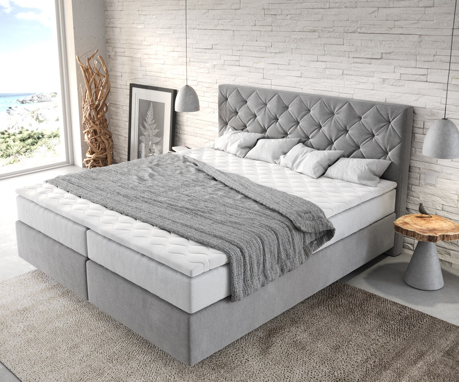 Boxspringbett Dream-Great 180x200 cm Mikrofaser Grau mit TFK Matratze und Visco Topper 3