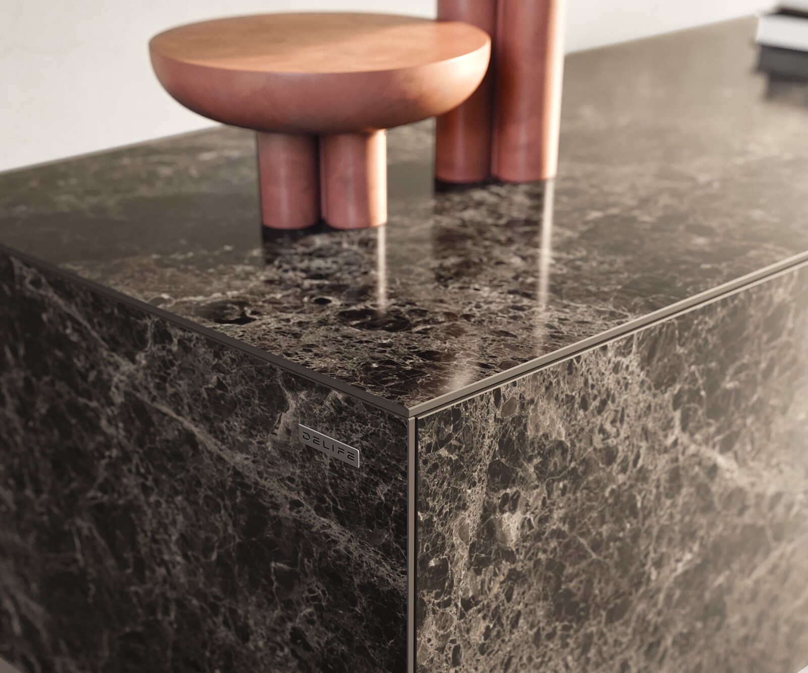Lowboard Cuor 220 cm Keramik Laminam® Emperador Extra Lucidato Dunkelbraun 1 Klappe 2 Schubfächer Fuß Schwebeoptik Edelstahl 5