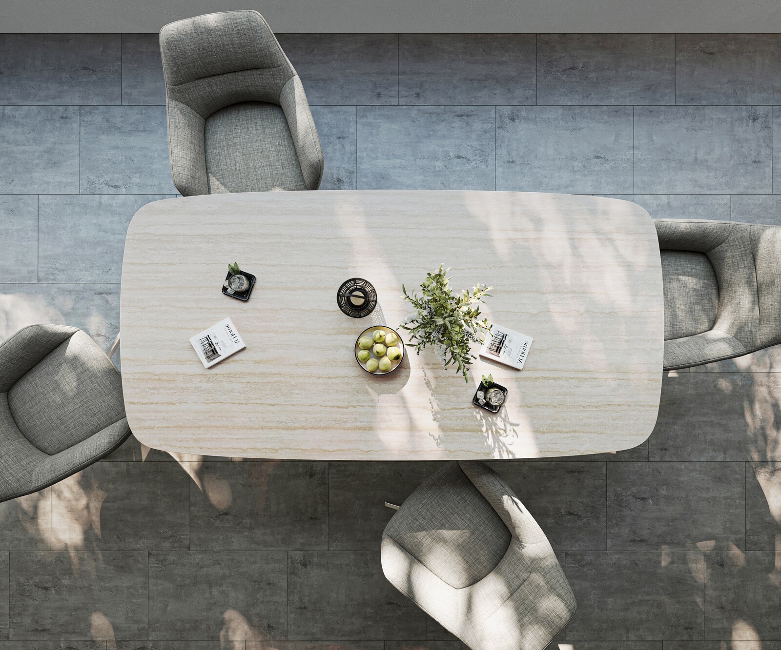 Outdoortisch Edge Boot 200x100 cm Keramik Laminam® Travertino Bianco Creme-Weiß Kreuzgestell Rechteck Edelstahl 6