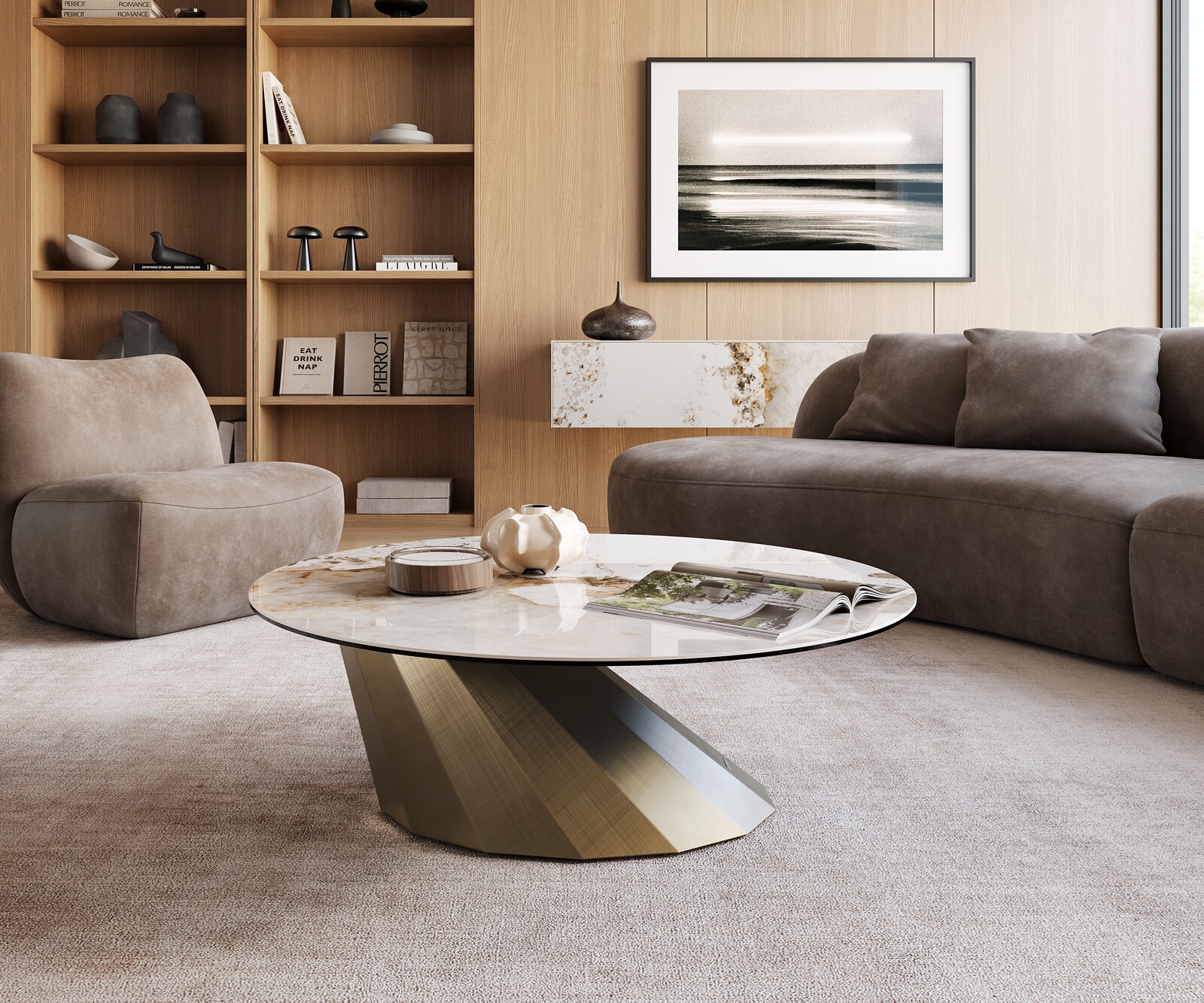 Couchtisch Edge Rund 100x100 cm Keramik Minas Melange Parabi Metallic Gold 1