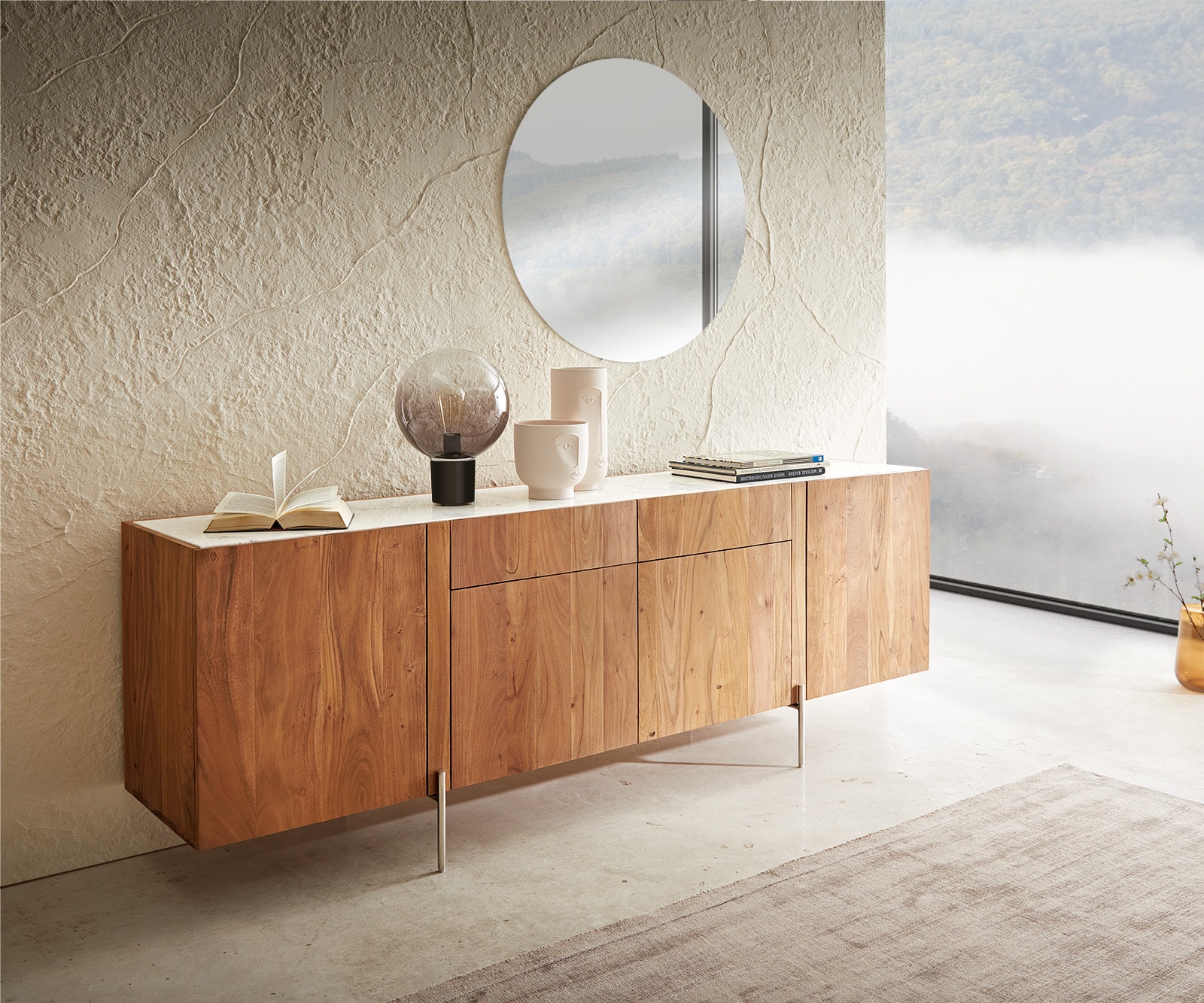 Delife Sideboard Secara 200 Cm Akazie Natur 4 Türen 2 Schübe Marmor Füße Edelstahl