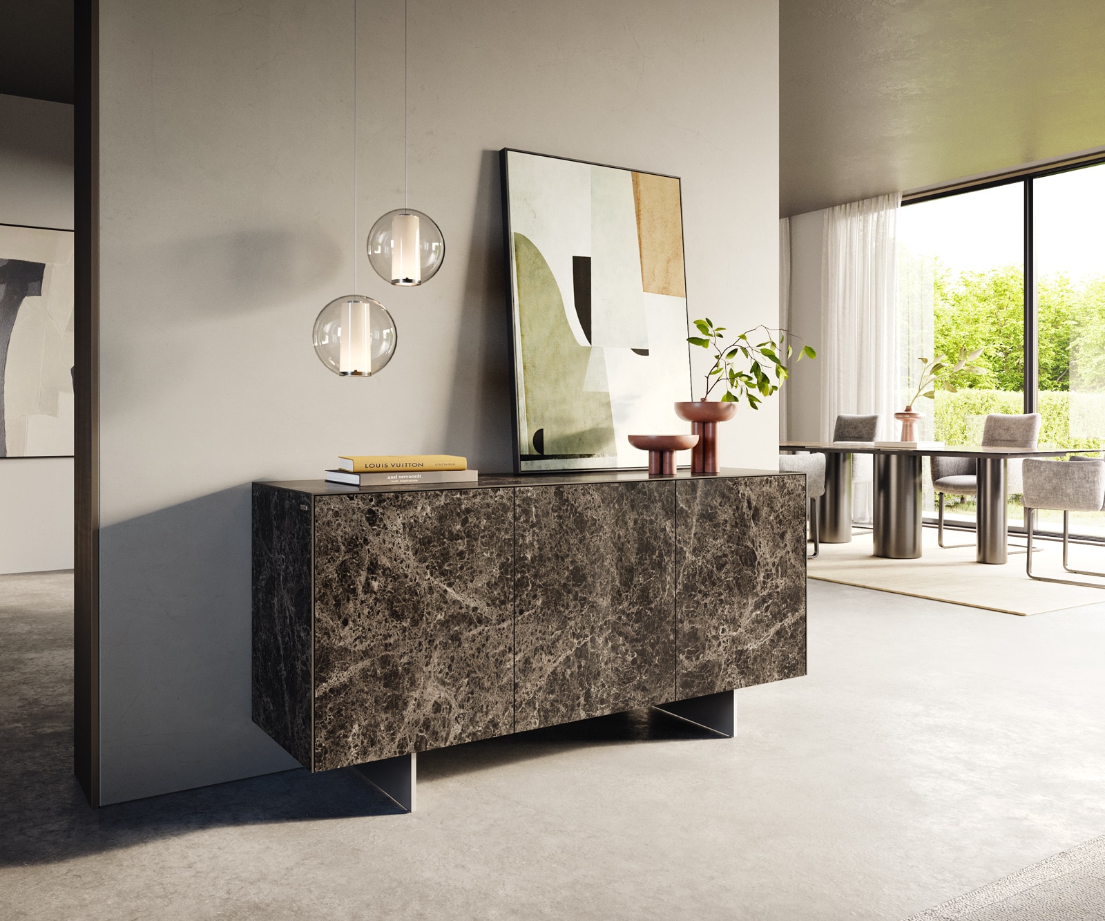 Sideboard Cuor 150 cm Keramik Laminam® Emperador Extra Lucidato Dunkelbraun 3 Türen Fuß Schwebeoptik Edelstahl 1