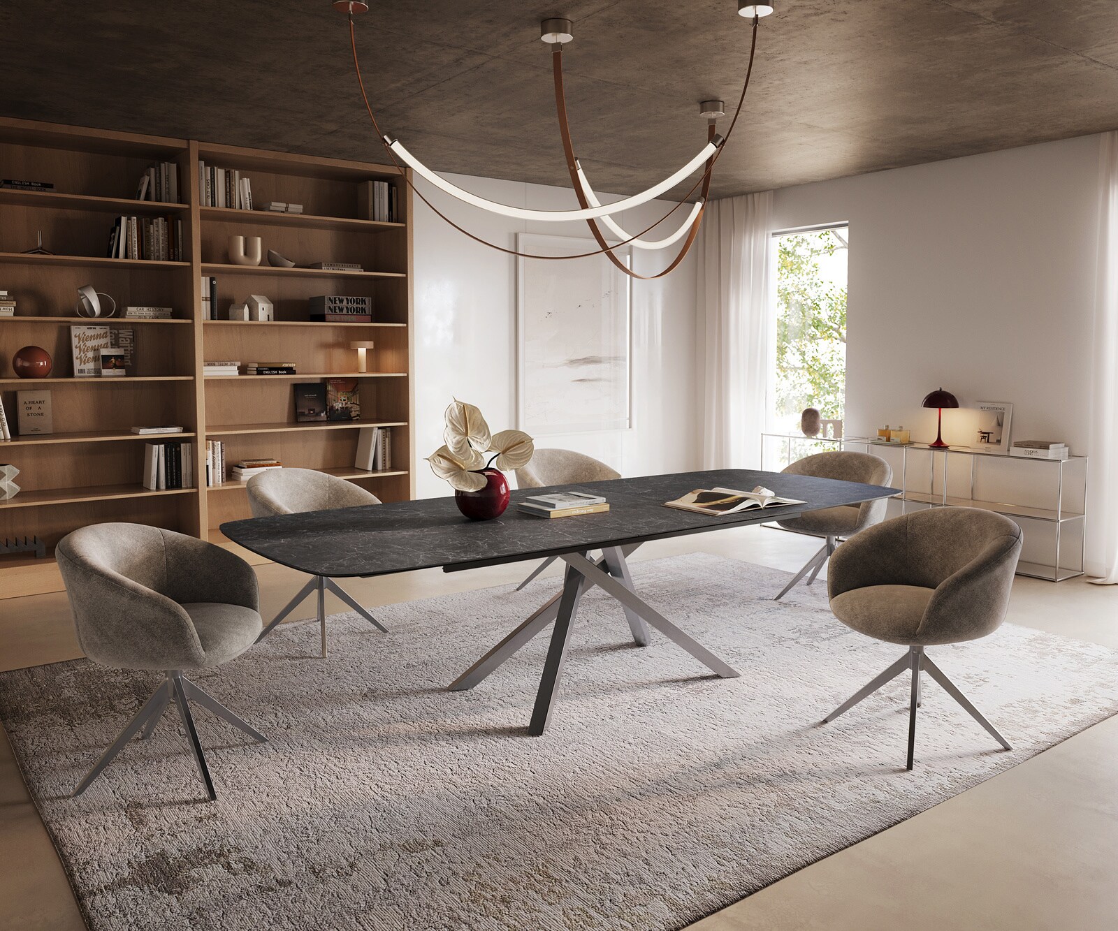 Esstisch Edge Boot 240-300x120 cm Keramik Laminam® Nero Greco Anthrazit Kreuzgestell Rechteck Edelstahl ausziehbar 7