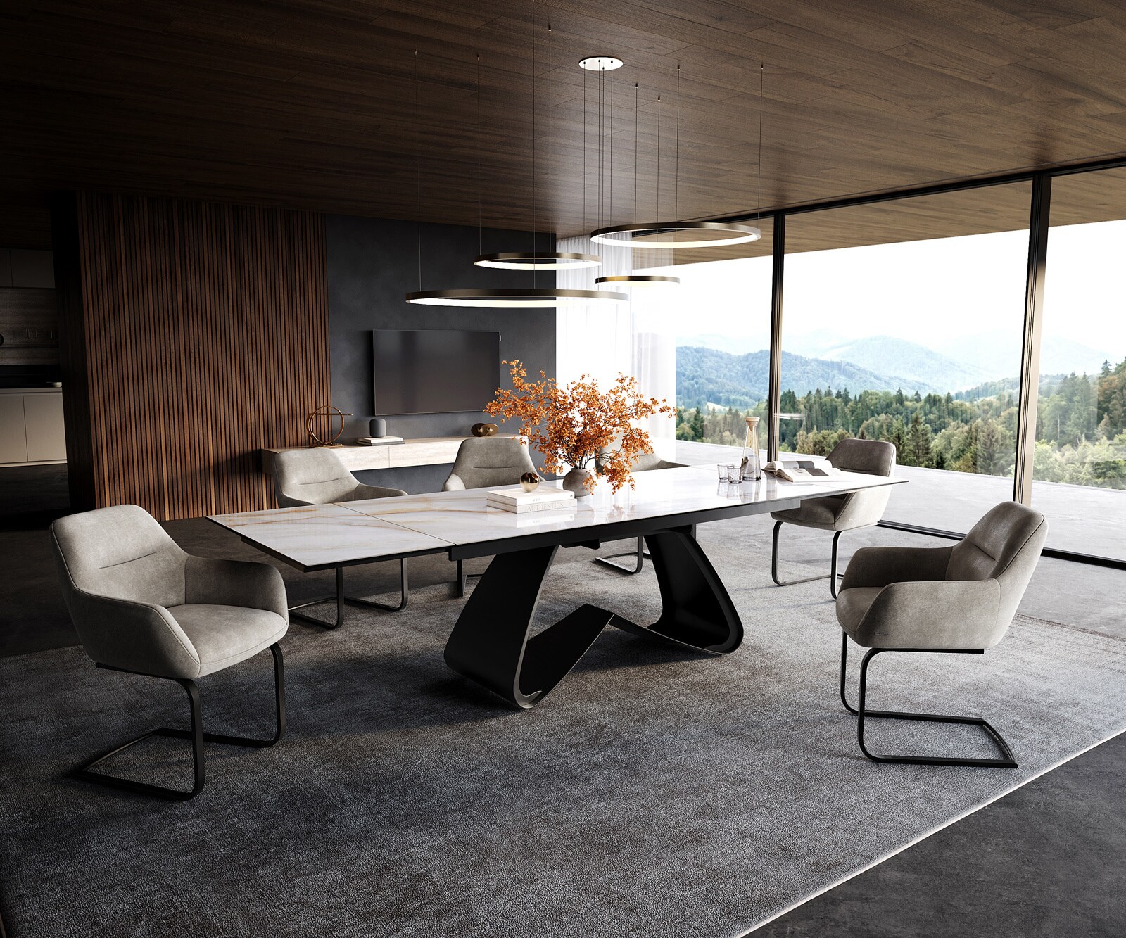 Esstisch Edge 200-300x100 cm Keramik Onyx Pearl W-Gestell Metall Schwarz ausziehbar 6