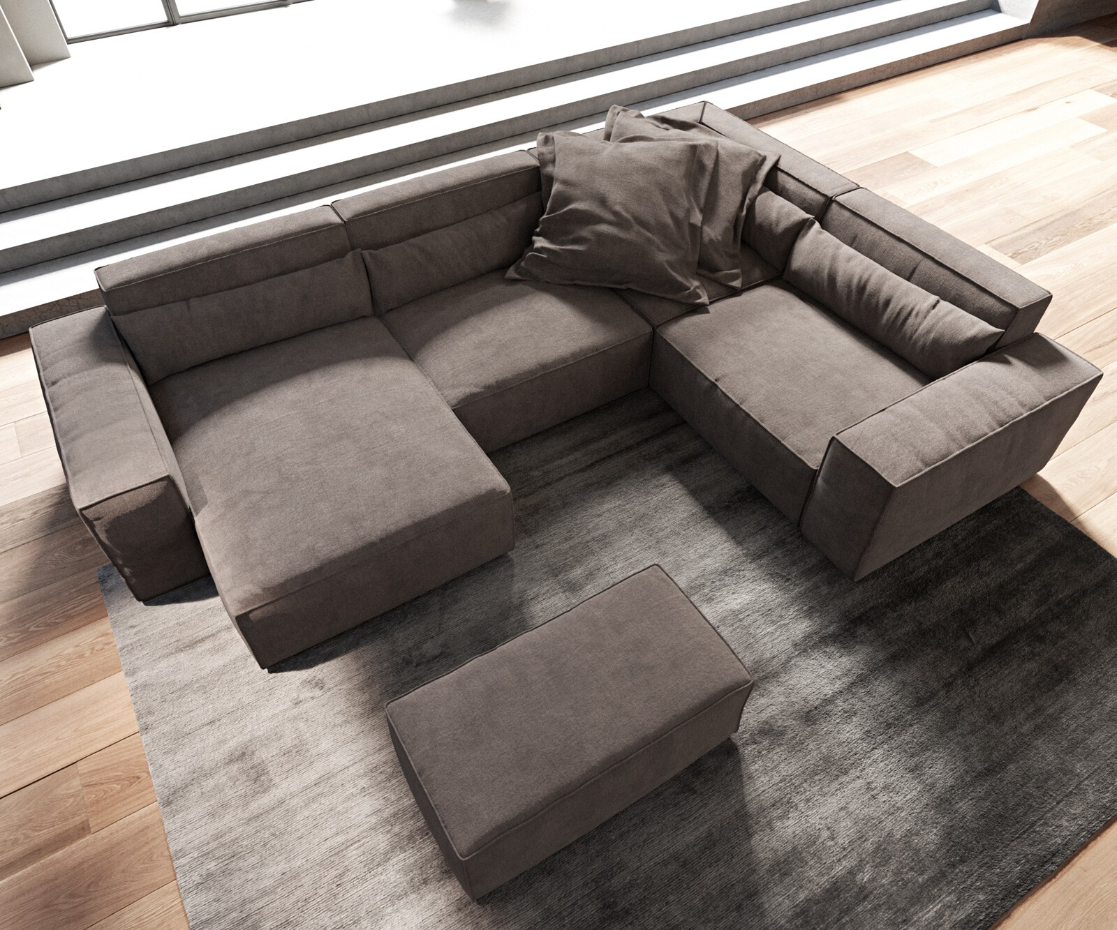 Wohnlandschaft Sirpio 300x210 cm Mikrofaser Khakibraun Recamiere variabel mit Hocker 4