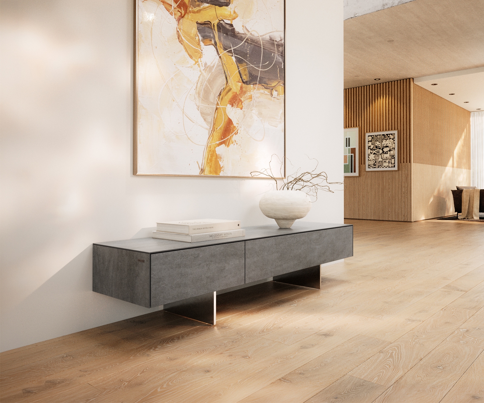Meuble-TV Cuor 150 cm Céramique Béton gris 1 Clapet 1 Tiroir Pied optique flottant Ancier inoxydable Meuble-TV Cuor 150 cm Céramique Béton gris 1 Clapet 1 Tiroir Pied optique flottant Ancier inoxydable