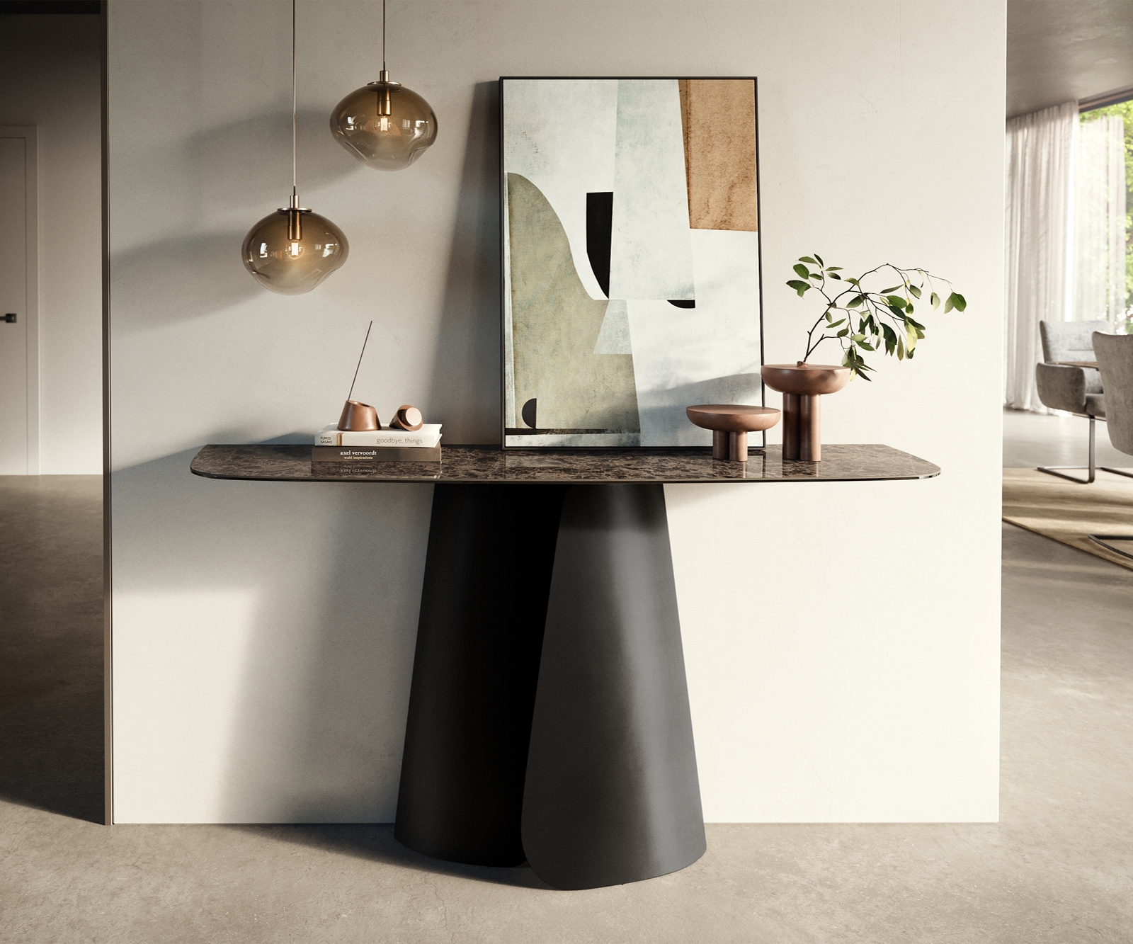 Konsolentisch Edge Boot 140x40 cm Keramik Emperador Extra Lucidato Dunkelbraun Livos Metall Schwarz