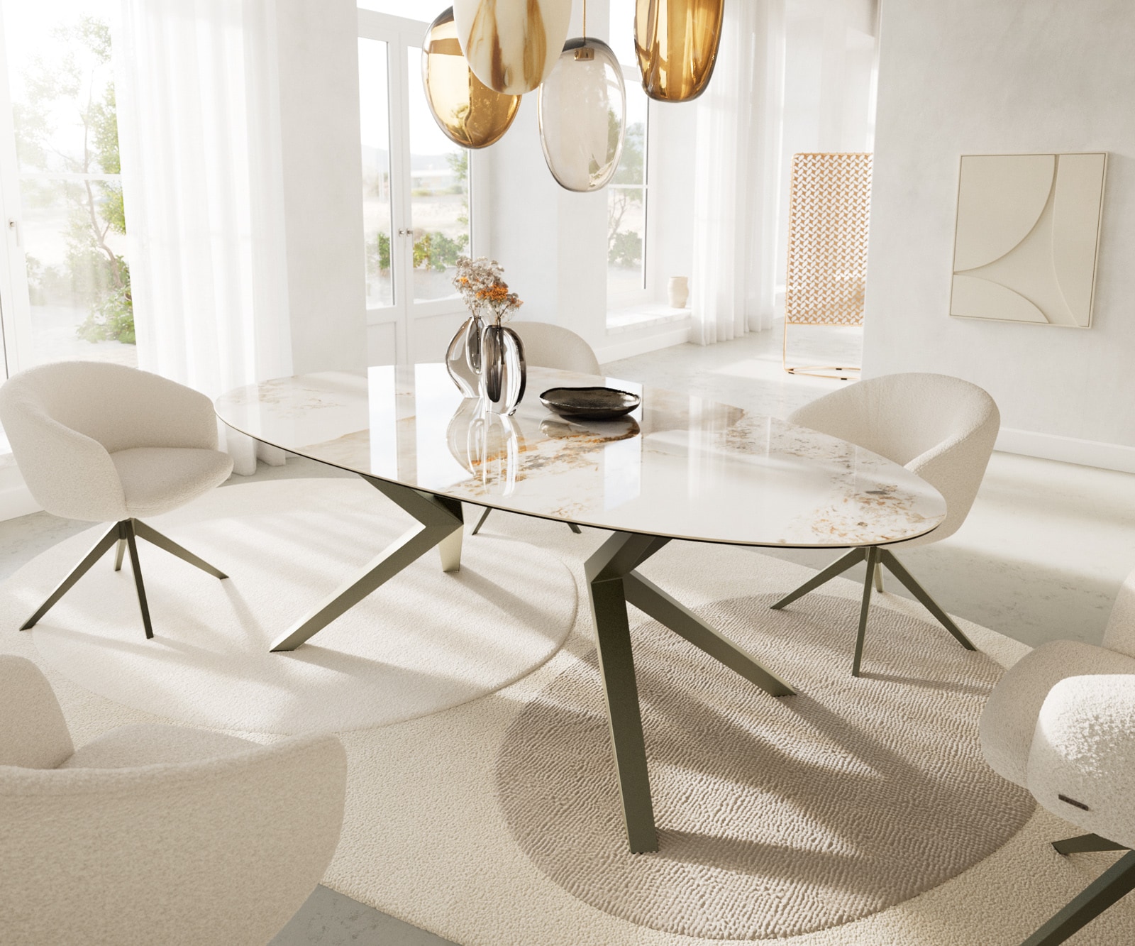 Esstisch Edge Oval 220x120 Keramik Minas Melange Weiß-Beige Zenthara kantig Metall Effektfinish Titan 1