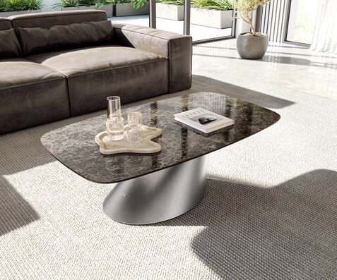 Couchtisch Edge Boot 120x70 cm Keramik Emperador Extra Lucidato Dunkelbraun Conis Edelstahl gebürstet