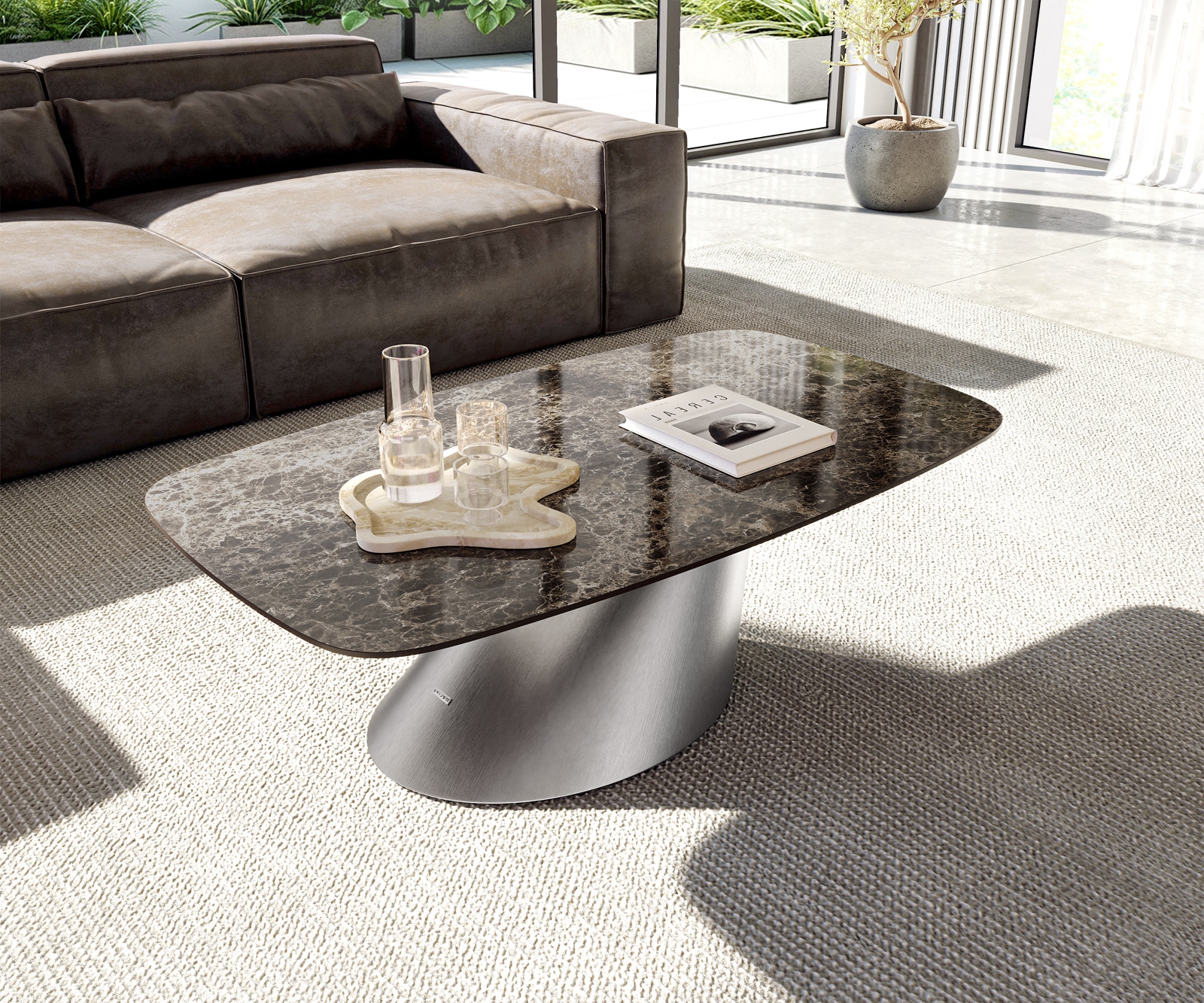 DELIFE Couchtisch Edge Boot 120x70 cm Keramik Emperador Extra Lucidato Dunkelbraun Conis Edelstahl gebürstet, Couchtische