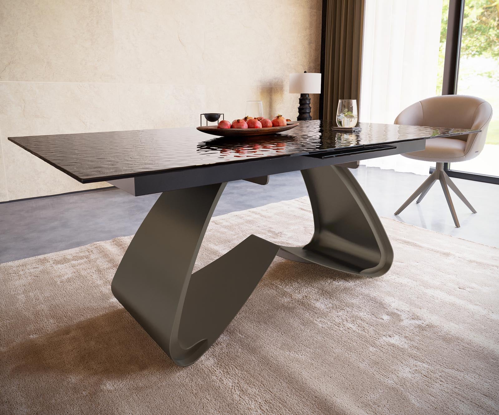 Esstisch Edge 180-220x100 Reliefglas Rauchschwarz 3D-Design W-Gestell Effektfinish Titan ausziehbar 4 Esstisch Edge 180-220x100 Reliefglas Rauchschwarz 3D-Design W-Gestell Effektfinish Titan ausziehbar 4