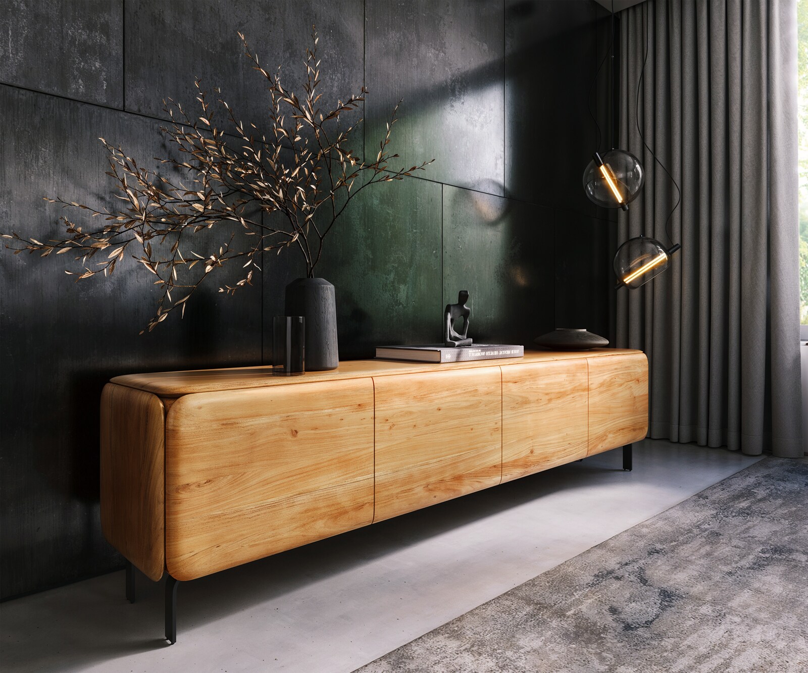 Lowboard Shavani 220 cm Akazie Natur 4 Türen L-Fuß Metall Schwarz 1