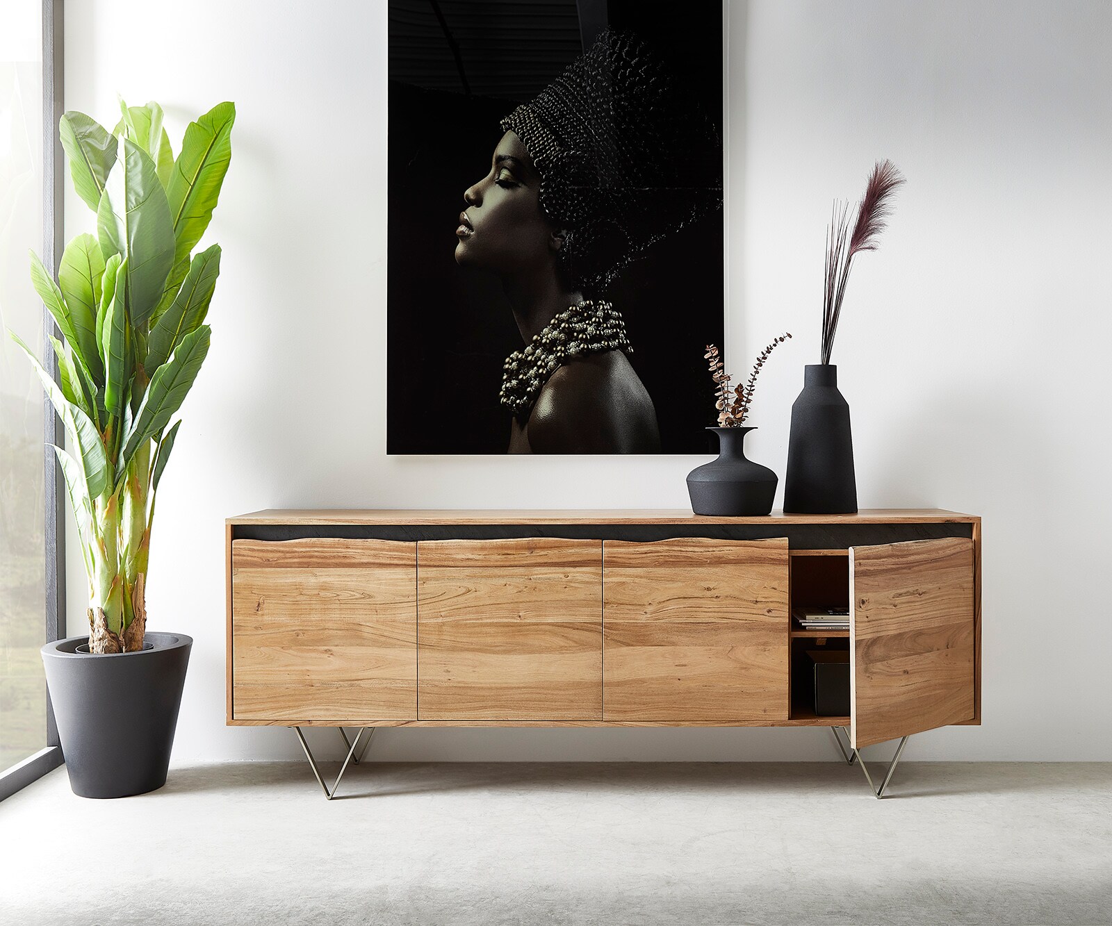 Sideboard Stonegrace 200x45 cm Akazie Natur 4 Türen Baumkante 4