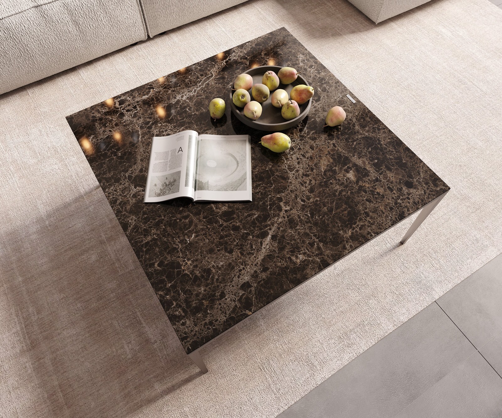 Couchtisch Levente 85x85 cm Keramik Emperador Extra Lucidato Dunkelbraun Gestell Edelstahl Silber 4