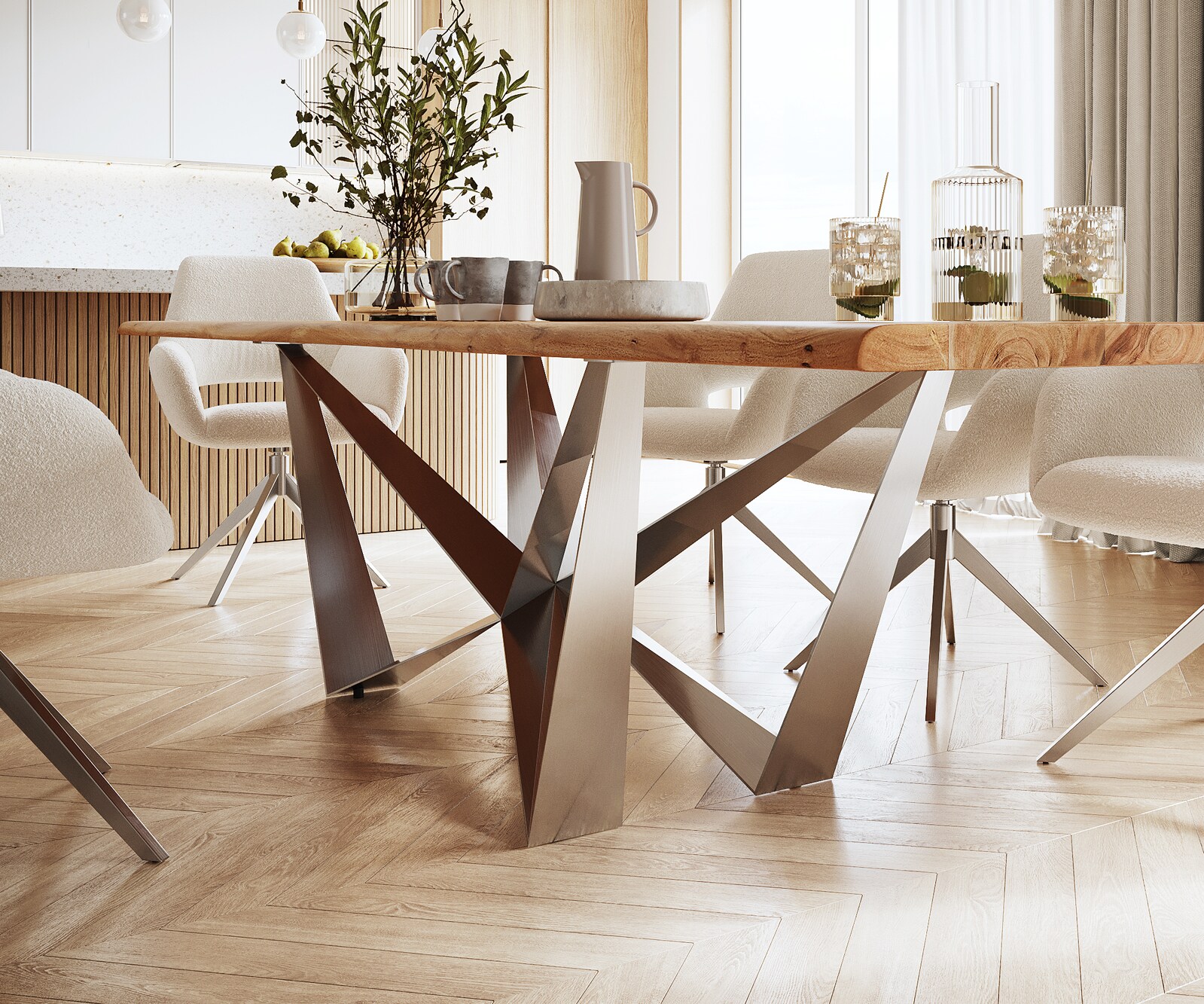 Esstisch Edge 300x100 Akazie Natur Spider Flachstahl Edelstahl Live-Edge 4
