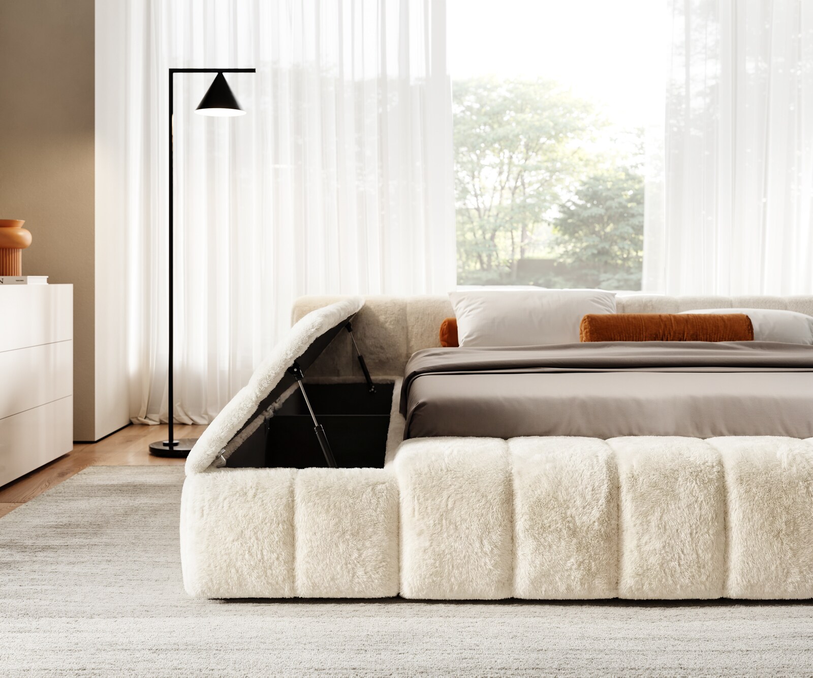 Polsterbettgestell Espazio 180x200 cm Plüsch Creme-Weiß mit Stauraum 4