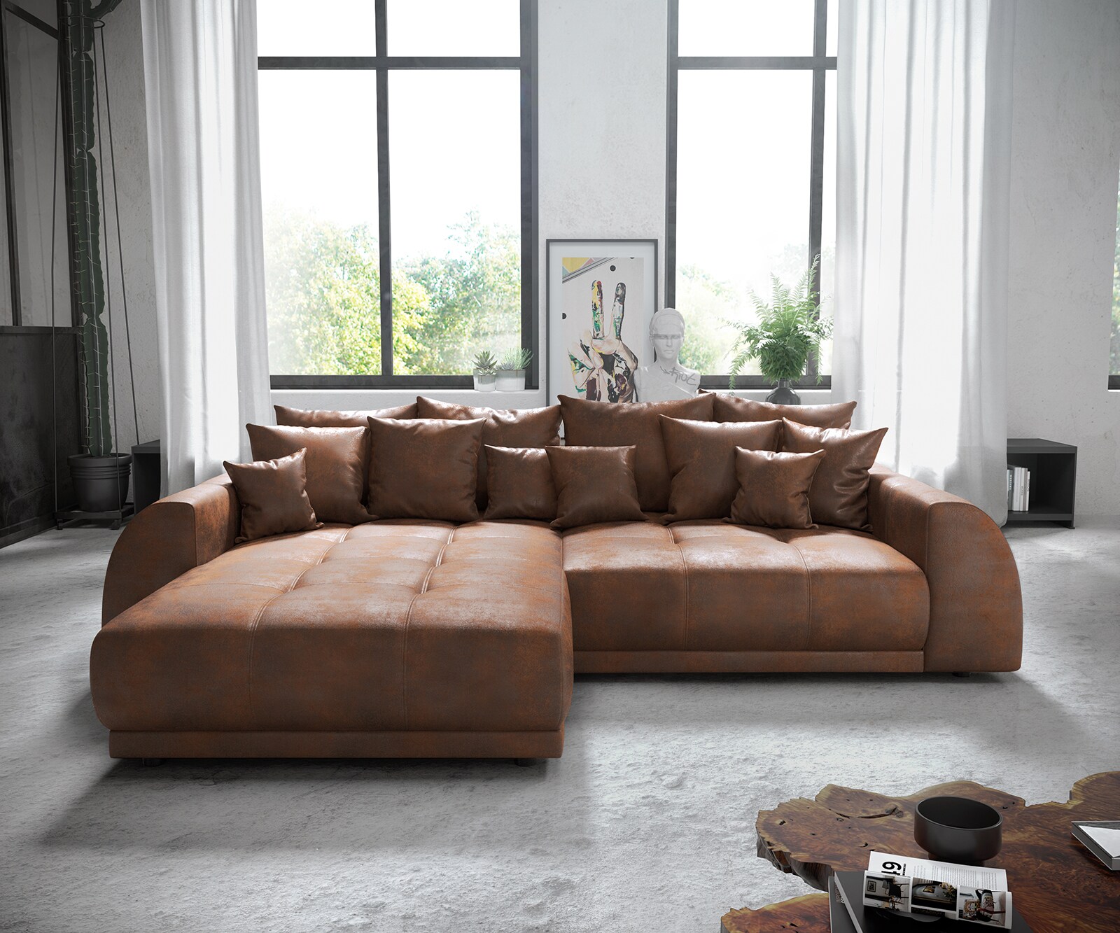 Eckcouch Violetta 300 x 220 cm Lederimitat   Braun Recamiere variabel 1
