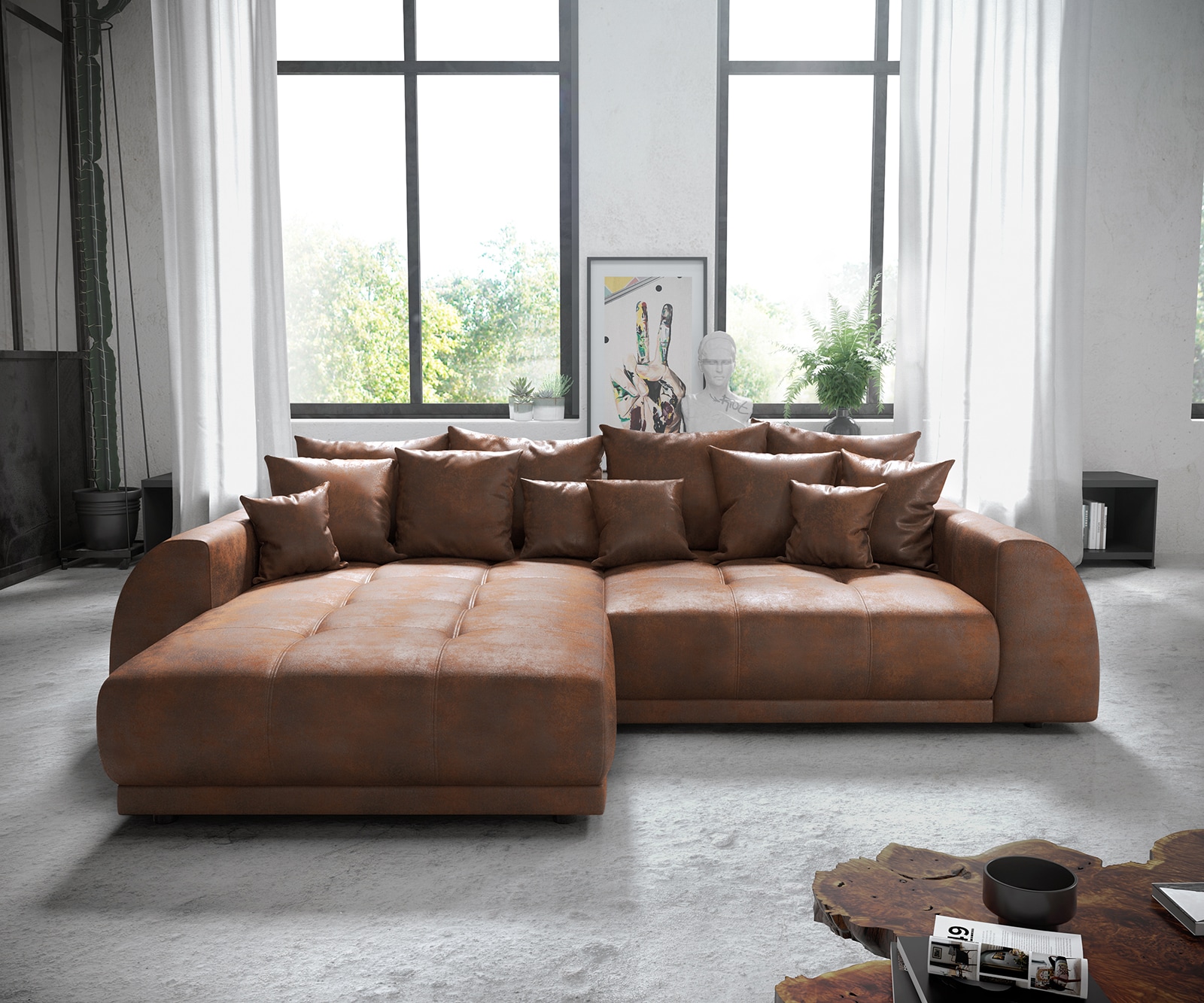 Ecksofa Violetta Lederimitat Braun 300 x 220 cm Recamiere variabel