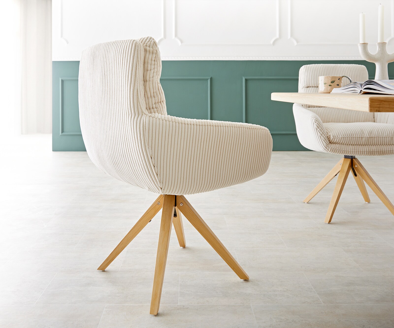 Esszimmerstuhl Abelia-Flex mit Armlehnen Cord Beige Holzgestell kantig Natur 4