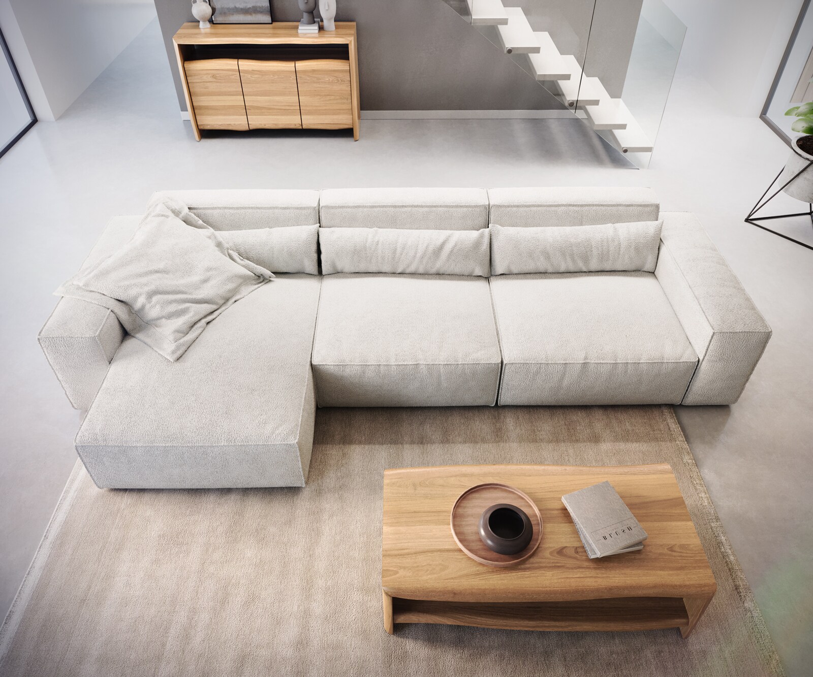 Ecksofa Sirpio L 350x160 cm Bouclé Creme-Weiß Recamiere variabel 5