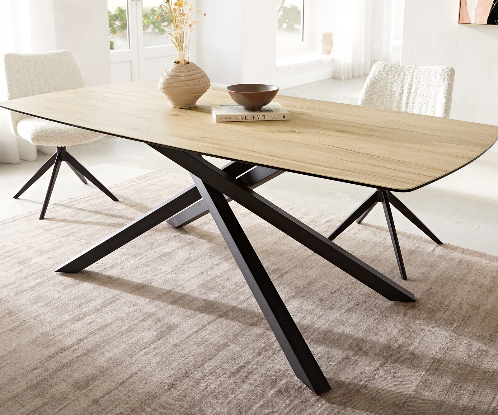 Esstisch Edge Boot 200x100 Keramik Laminam® Sabbia Eichefarbig Kreuzgestell Rechteck Schwarz 5