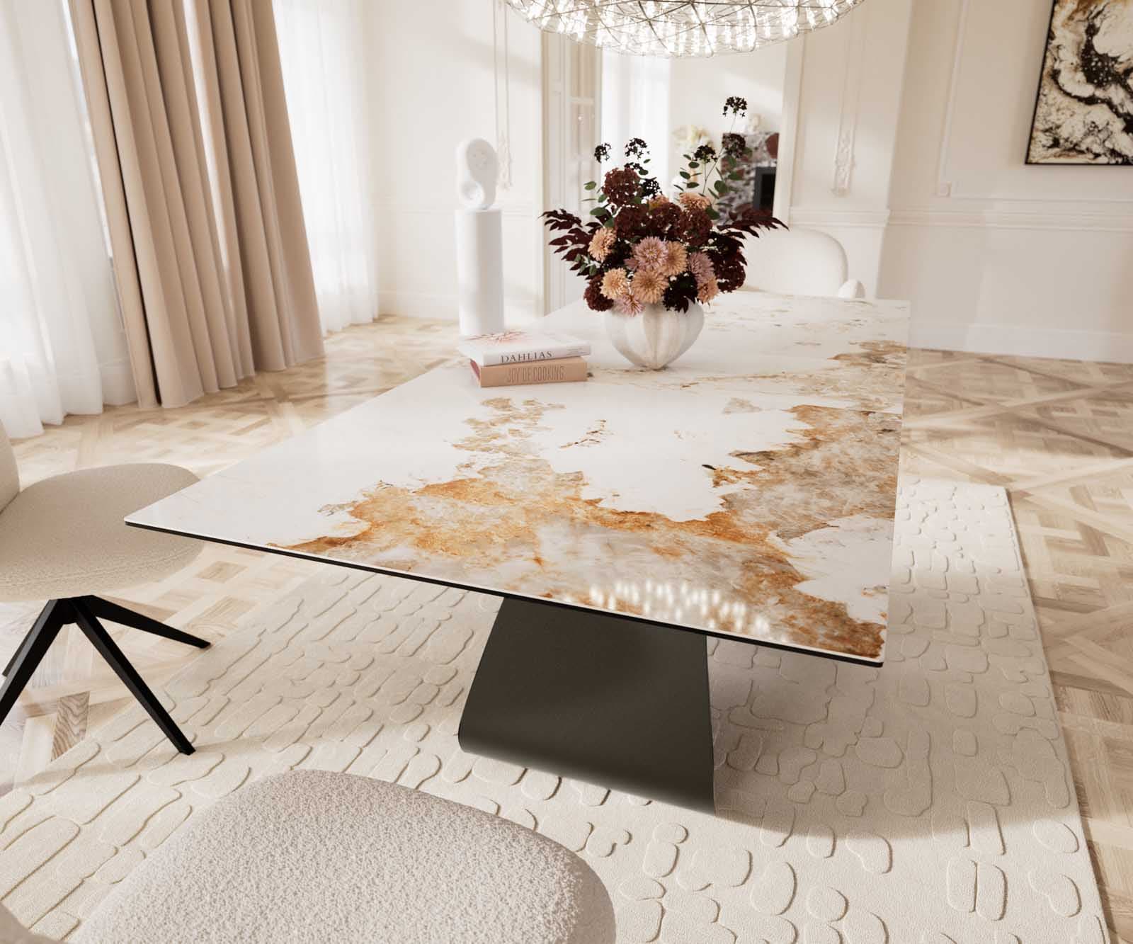 Esstisch Edge 180-220x100 Keramik Minas Melange Weiß-Beige W-Gestell Effektfinish Titan Ausziehbar 8