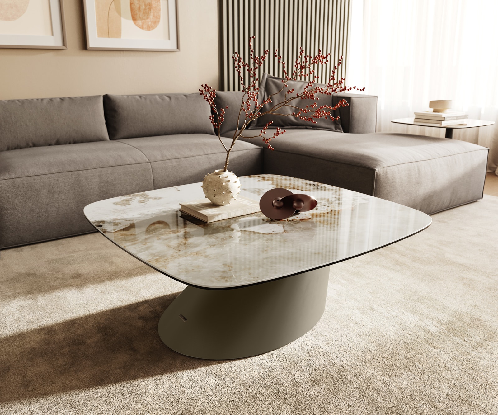 Couchtisch Edge Boot 90x90 cm Keramik Minas Melange Conis Metall Effektfinish Titan