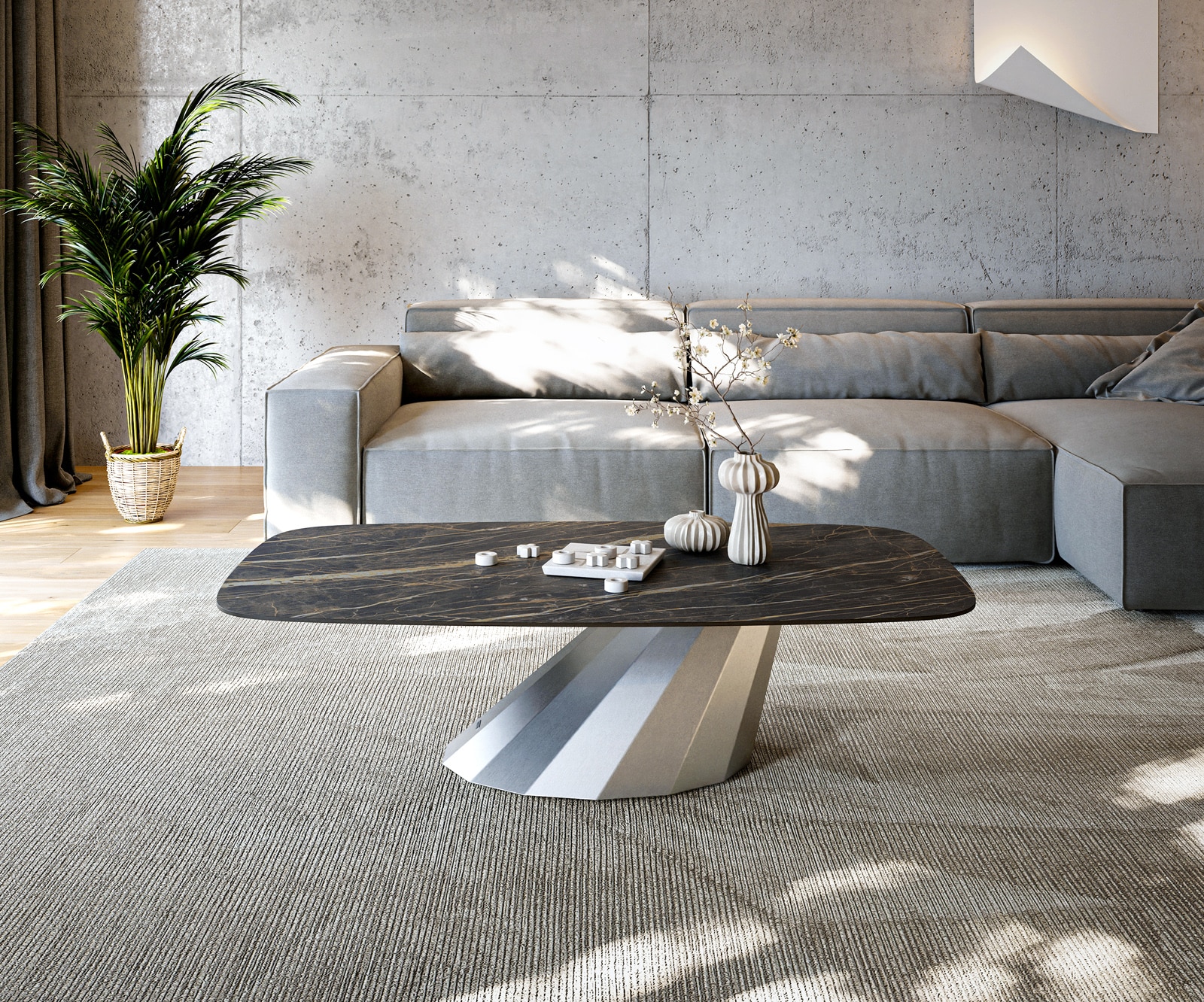 Couchtisch Edge Boot 140x80 cm Keramik Laminam® Noir Desir Braun Parabi Edelstahl gebürstet