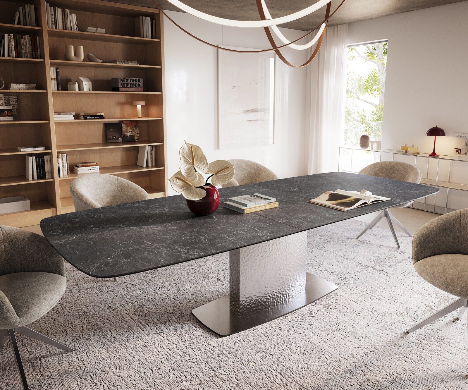 Esstisch Edge Boot 240-300x120 cm Keramik Laminam® Nero Greco Anthrazit Wave Edelstahl ausziehbar 1