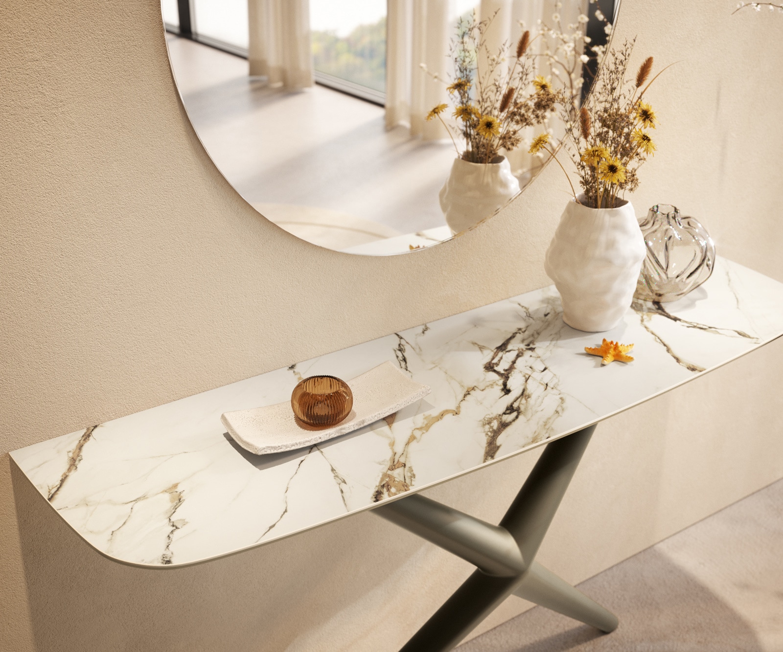 Konsolentisch Edge Boot 140x40 cm Keramik Calacatta Luxe Weiß-Gold-Grau Estelo Metall Effektfinish Titan 6