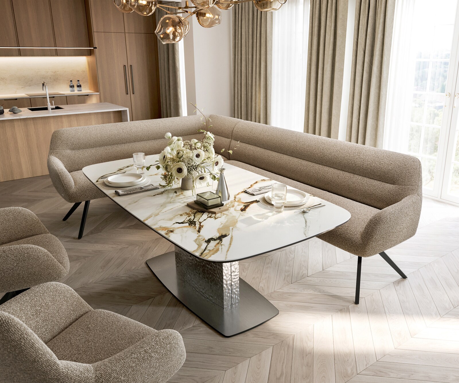 Esszimmerbank Taya-Flex 285x190 cm Bouclé Schlamm Kreuzgestell kantig Schwarz Taschenfederkern Rechts 1