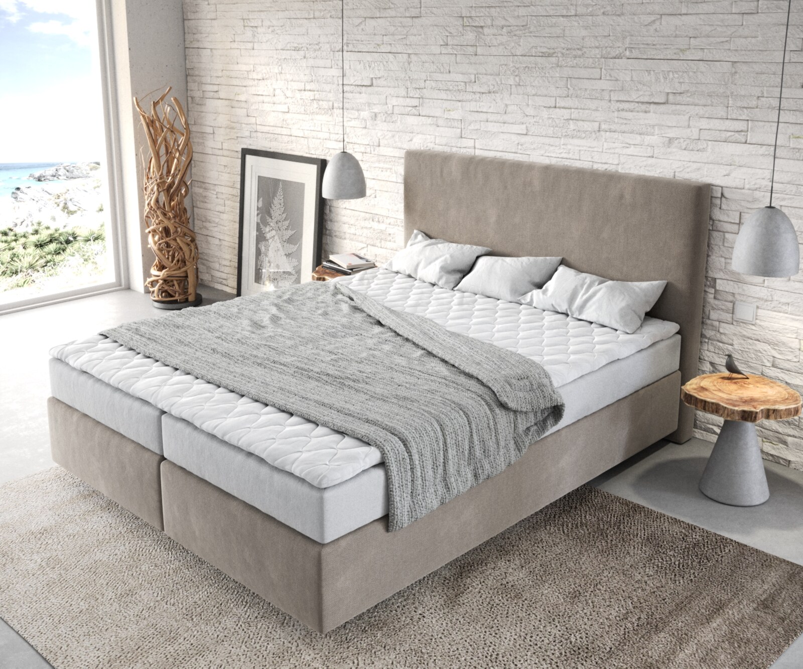 Boxspringbett Dream-Well 160x200 cm Mikrofaser Beige mit Matratze und Topper 3